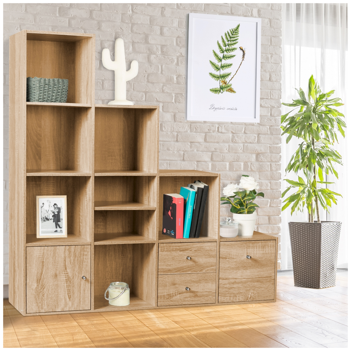 ID MARKET Meuble de rangement en escalier LIAM 4 niveaux bois façon hêtre avec porte et tiroirs