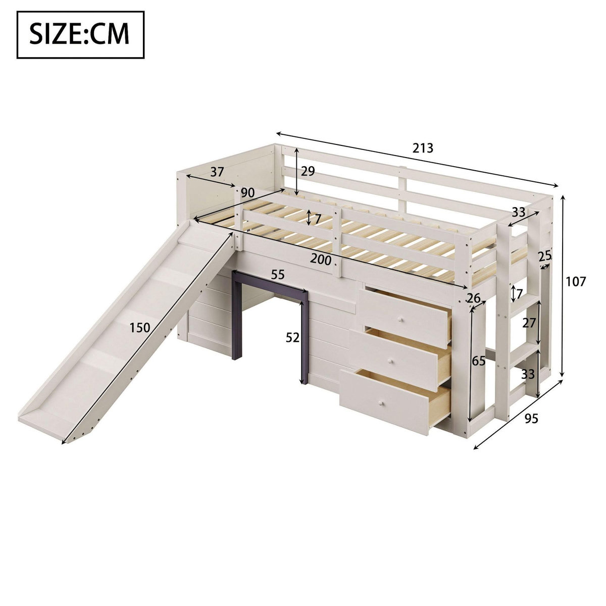 MERAX Lit enfant mi hauteur 90x200cm coloris crème mdf