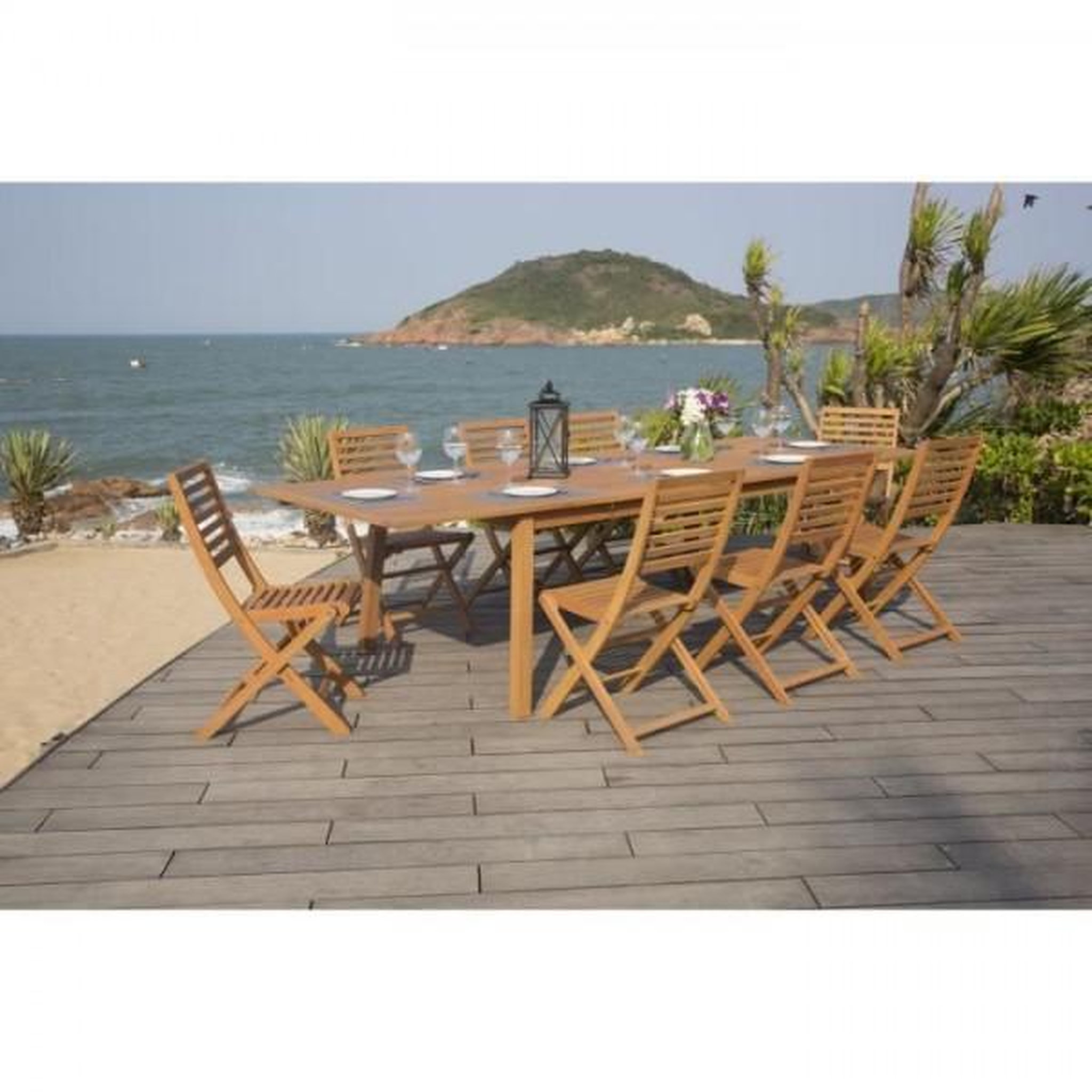 Voir la diapositive 2 : MARKET24 Ensemble repas de jardin 8 a 12 personnes - Table extensible 200/250/300 x 100cm + 8 chaises - Bois Eucalyptus FSC