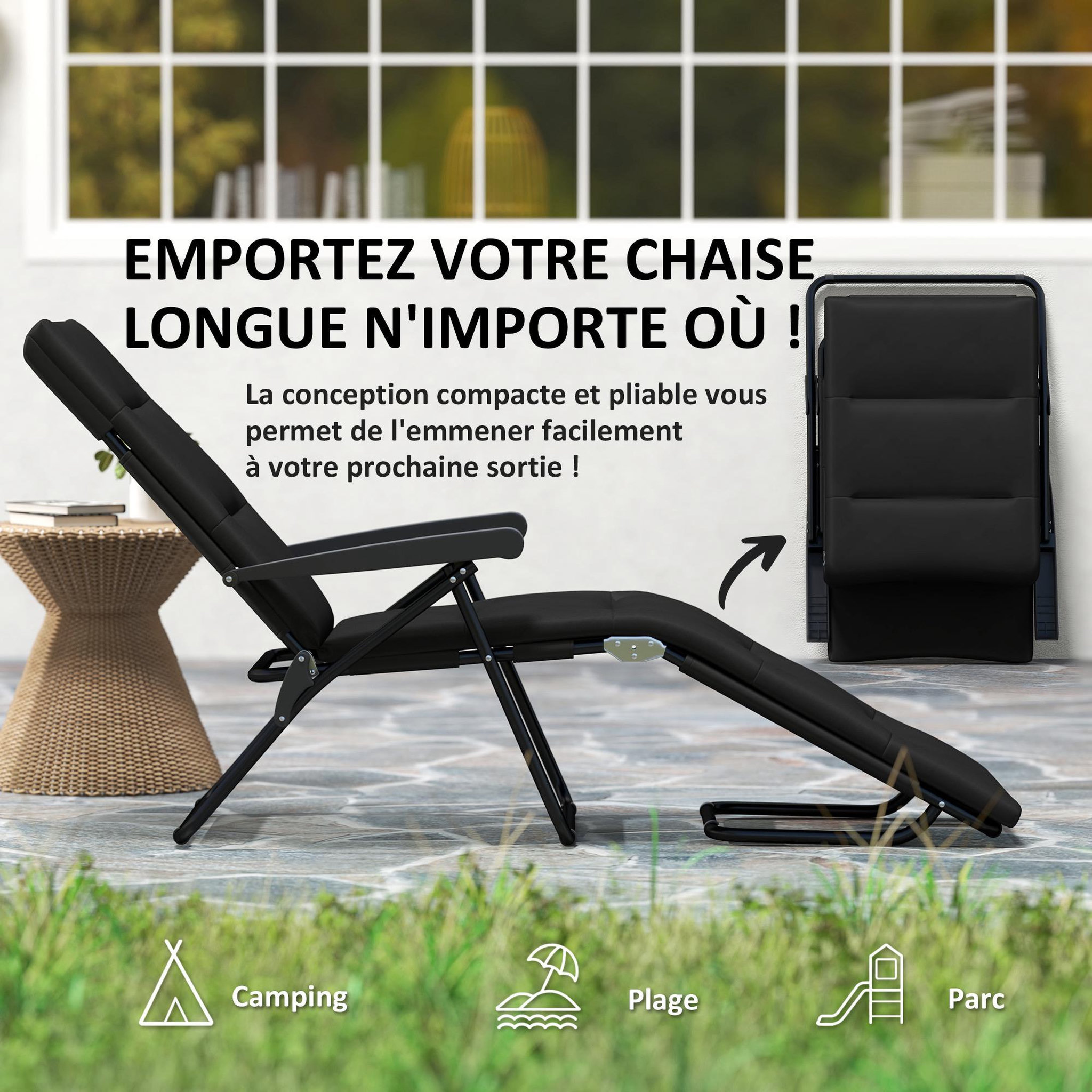 Voir la diapositive 4 : OUTSUNNY Bain de soleil pliable transat inclinable 6 positions grand confort avec matelas + accoudoirs acier polyester noir