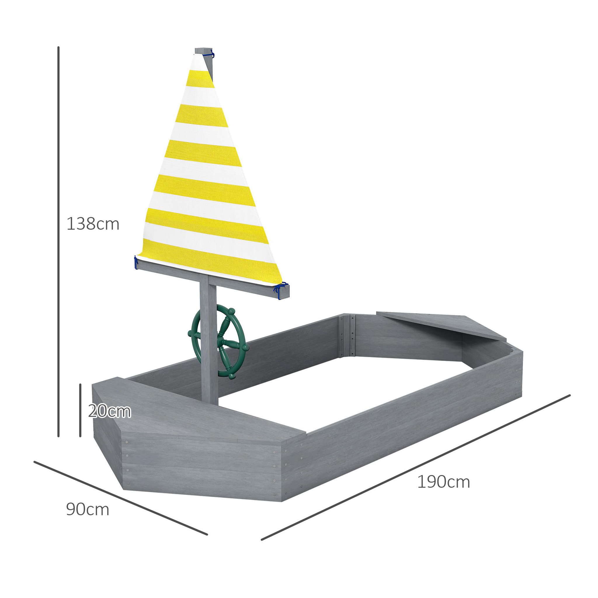 Voir la diapositive 3 : OUTSUNNY Bac à sable enfant design bateau - dim. 190L x 90l x 138H cm - voile, gouvernail - bois gris