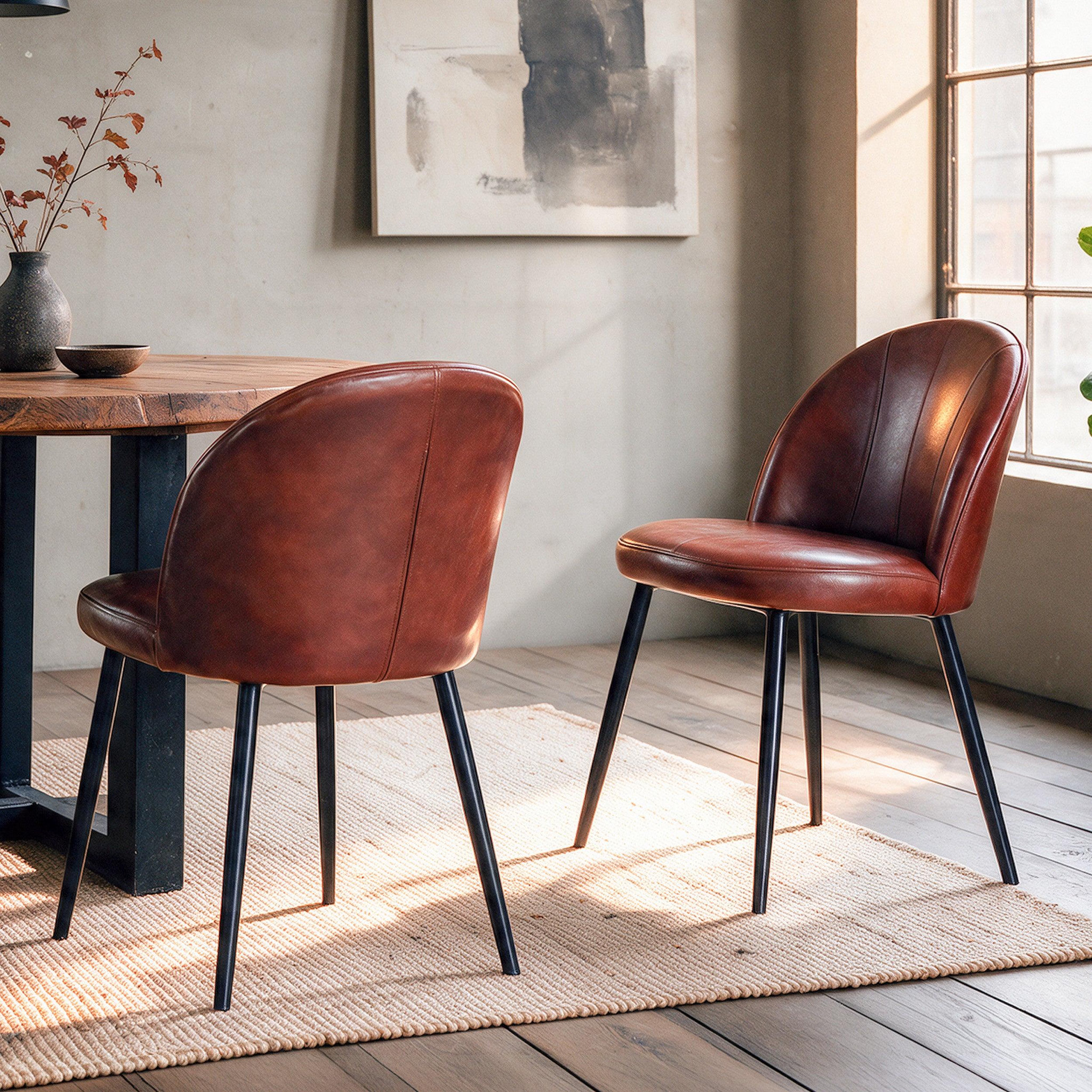 Voir la diapositive 2 : MAISON PAVANE Lot de 2 chaises en cuir de buffle marron rouge-Célestin