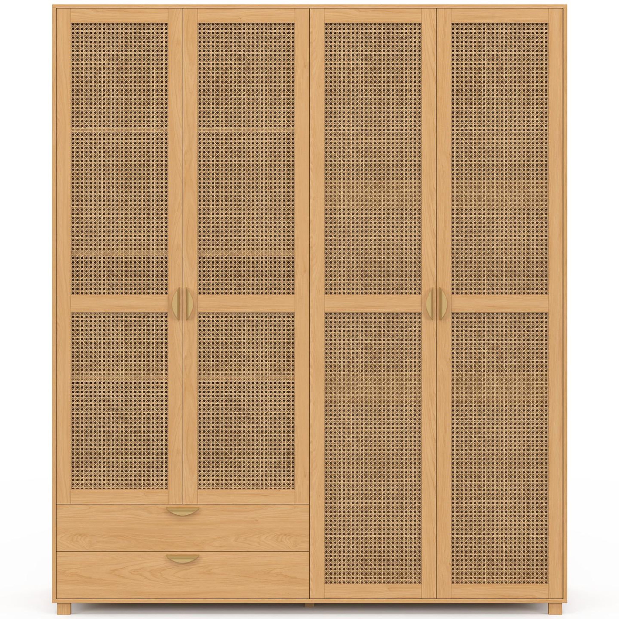 Voir la diapositive 5 : ID MARKET Armoire 4 portes edhen bois et cannage penderie 160 cm avec 2 tiroirs et étagères