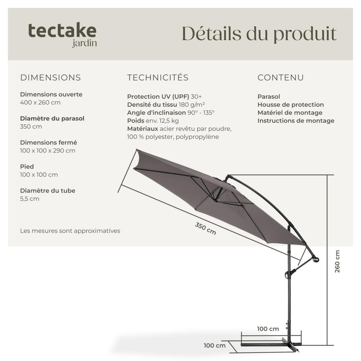 tectake Parasol ø 350 cm gris
