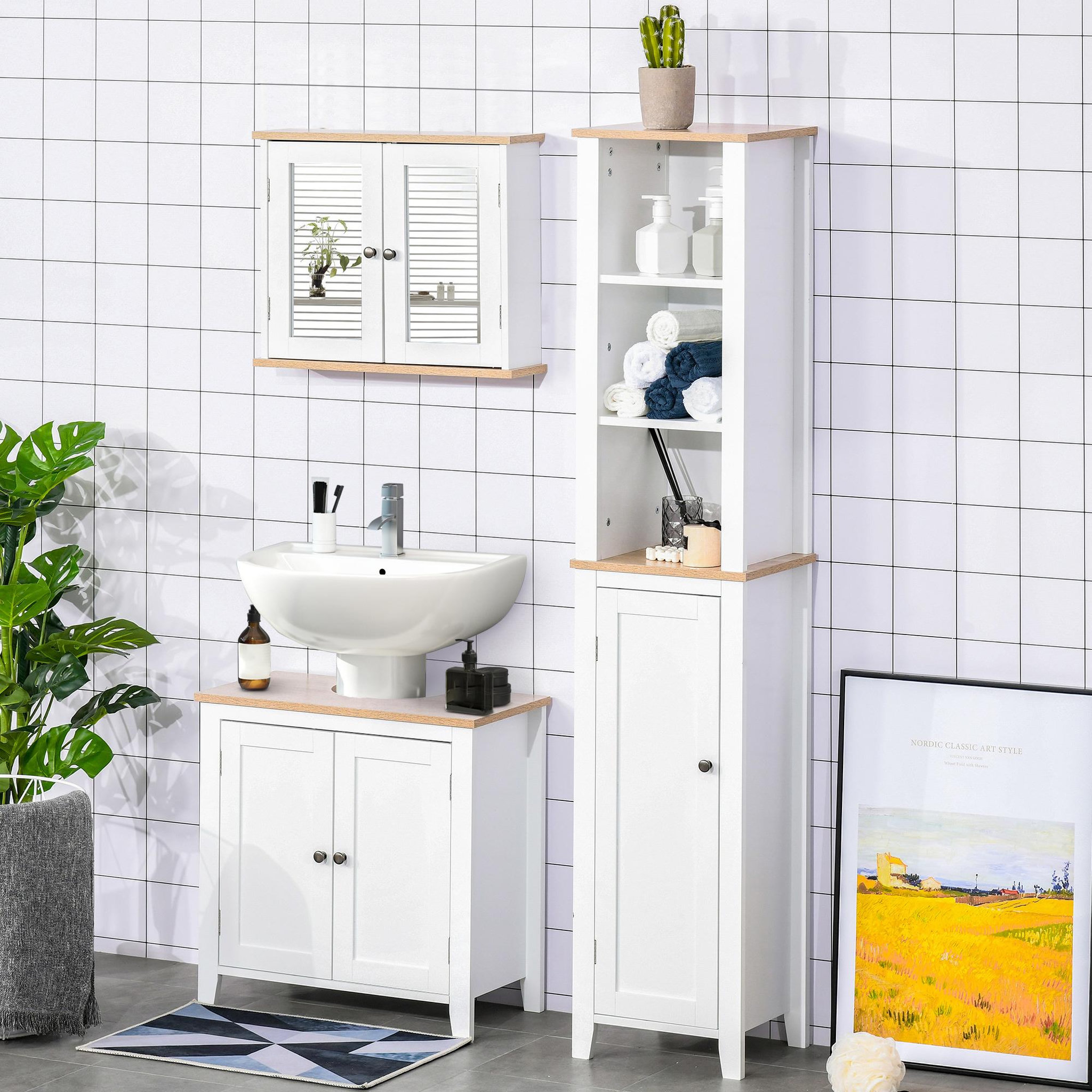 Voir la diapositive 4 : HOMCOM Armoire murale de salle de bain avec étagère réglable et 2 portes avec miroir en mdf - dim. 56i x 14p x 46h cm