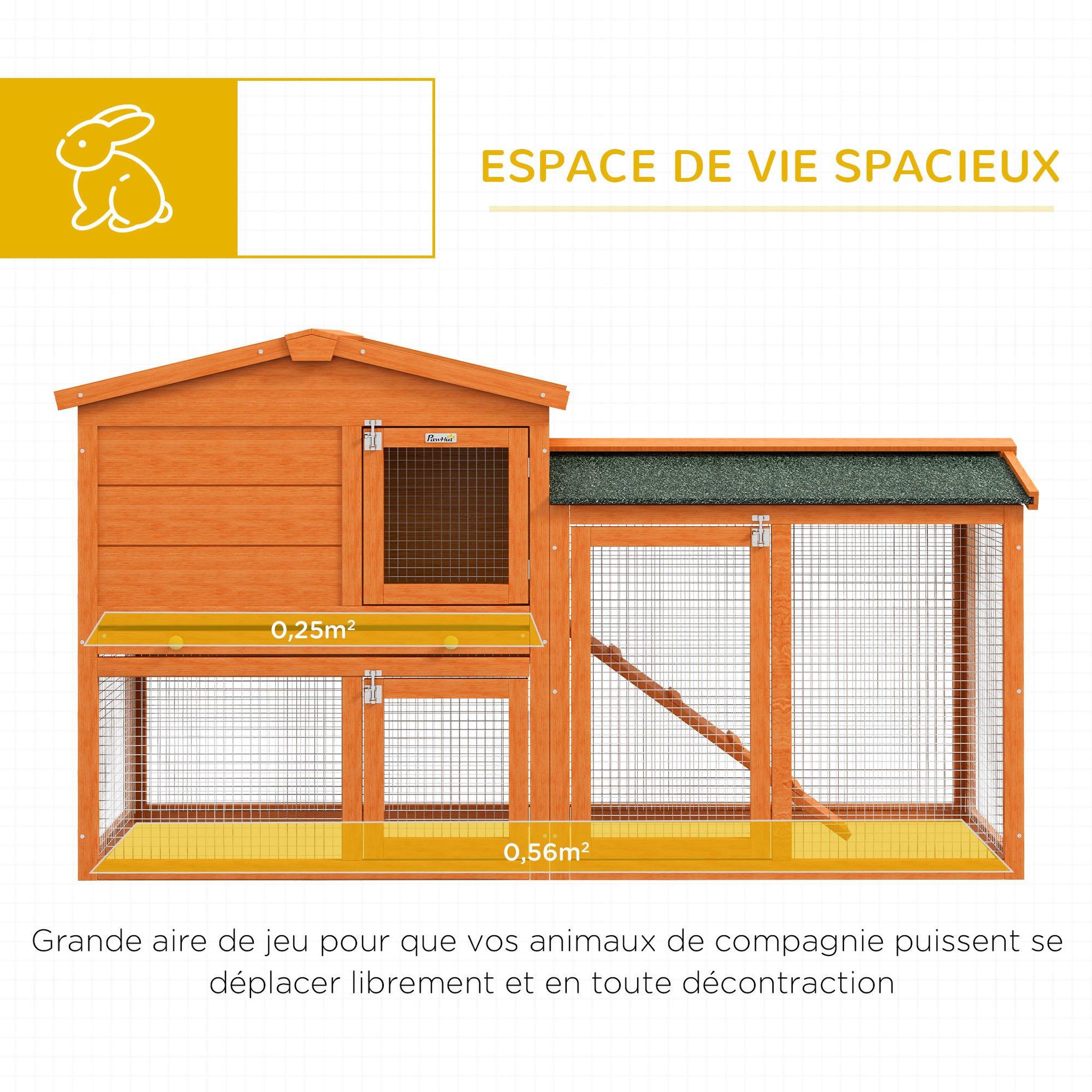 Voir la diapositive 4 : PAWHUT Clapier cage à lapins rongeurs 2 niveaux 3 portes verrouillables tiroir à déjection 145l x 45l x 85h cm bois sapin lasuré