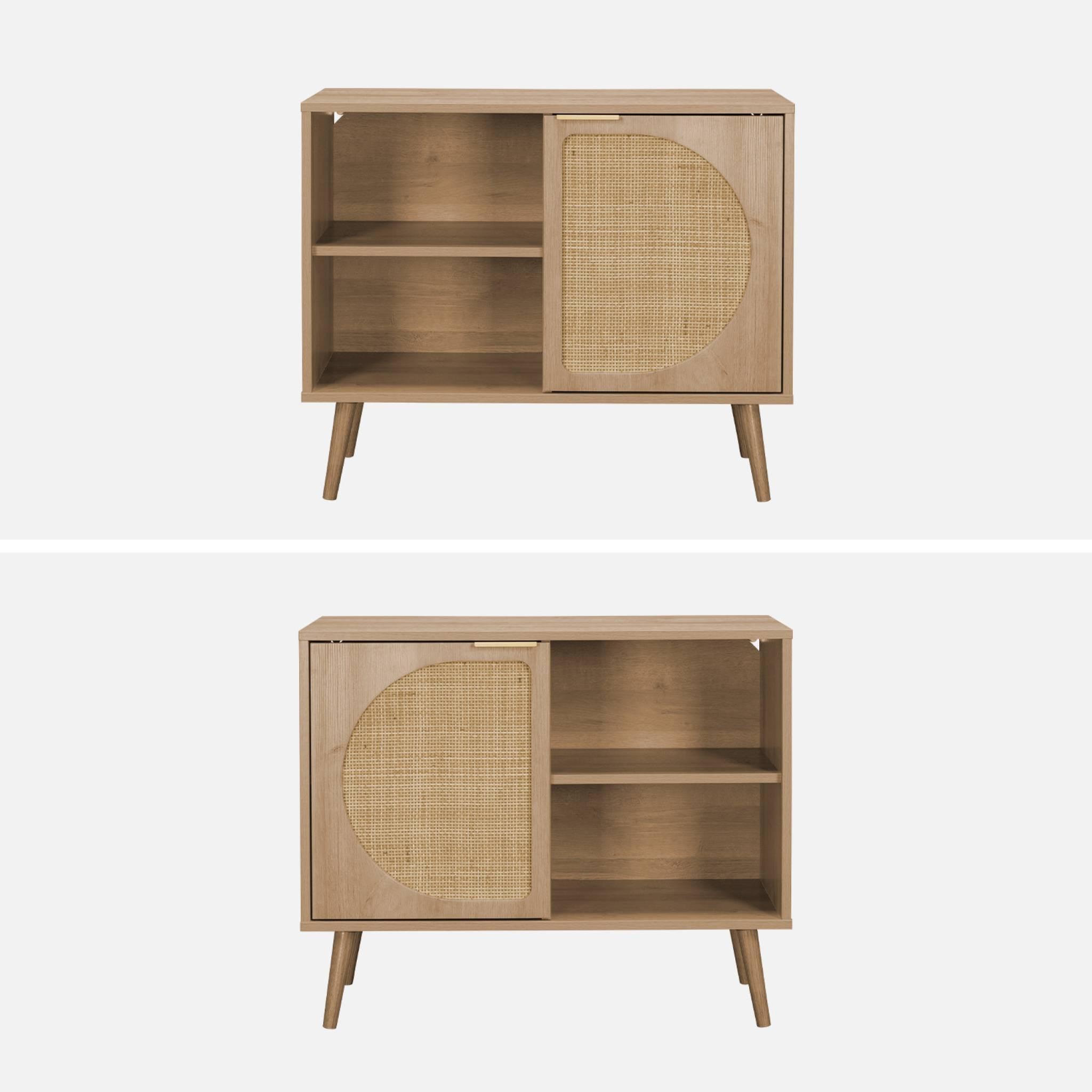 Voir la diapositive 5 : SWEEEK Buffet de rangement décor bois cannage arrondis. Eva. 1 portes réversible. deux niveaux. buffet bas.  L80 x l39 x H65.8cm
