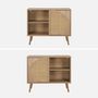 Voir la diapositive 5 : SWEEEK Buffet de rangement décor bois cannage arrondis. Eva. 1 portes réversible. deux niveaux. buffet bas.  L80 x l39 x H65.8cm