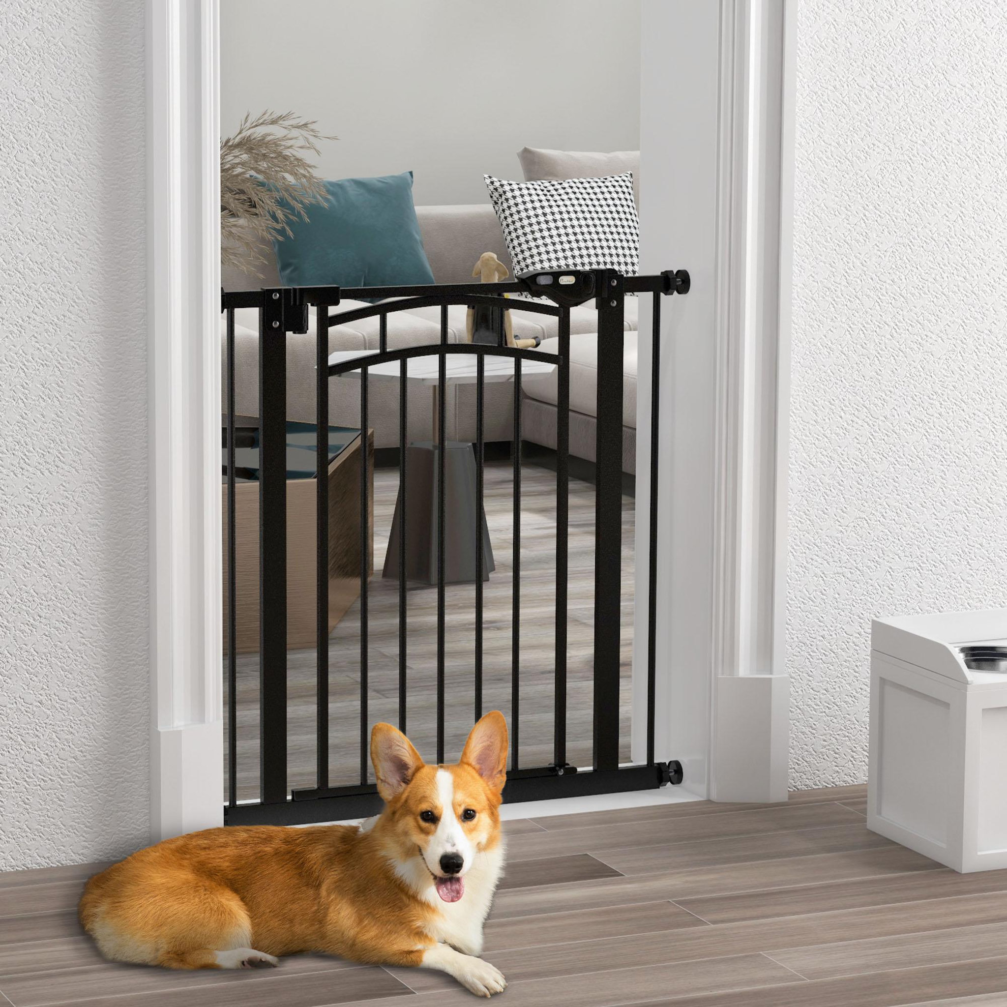 Voir la diapositive 2 : PAWHUT Barrière de sécurité pour chien - barrière à pression extensible - double système de verrouillage - acier noir
