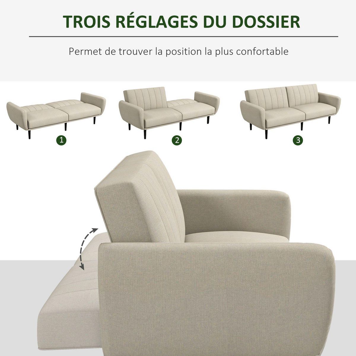 HOMCOM Canapé convertible 3 places design contemporain dossier inclinable modulable bois hévéa noir tissu grège