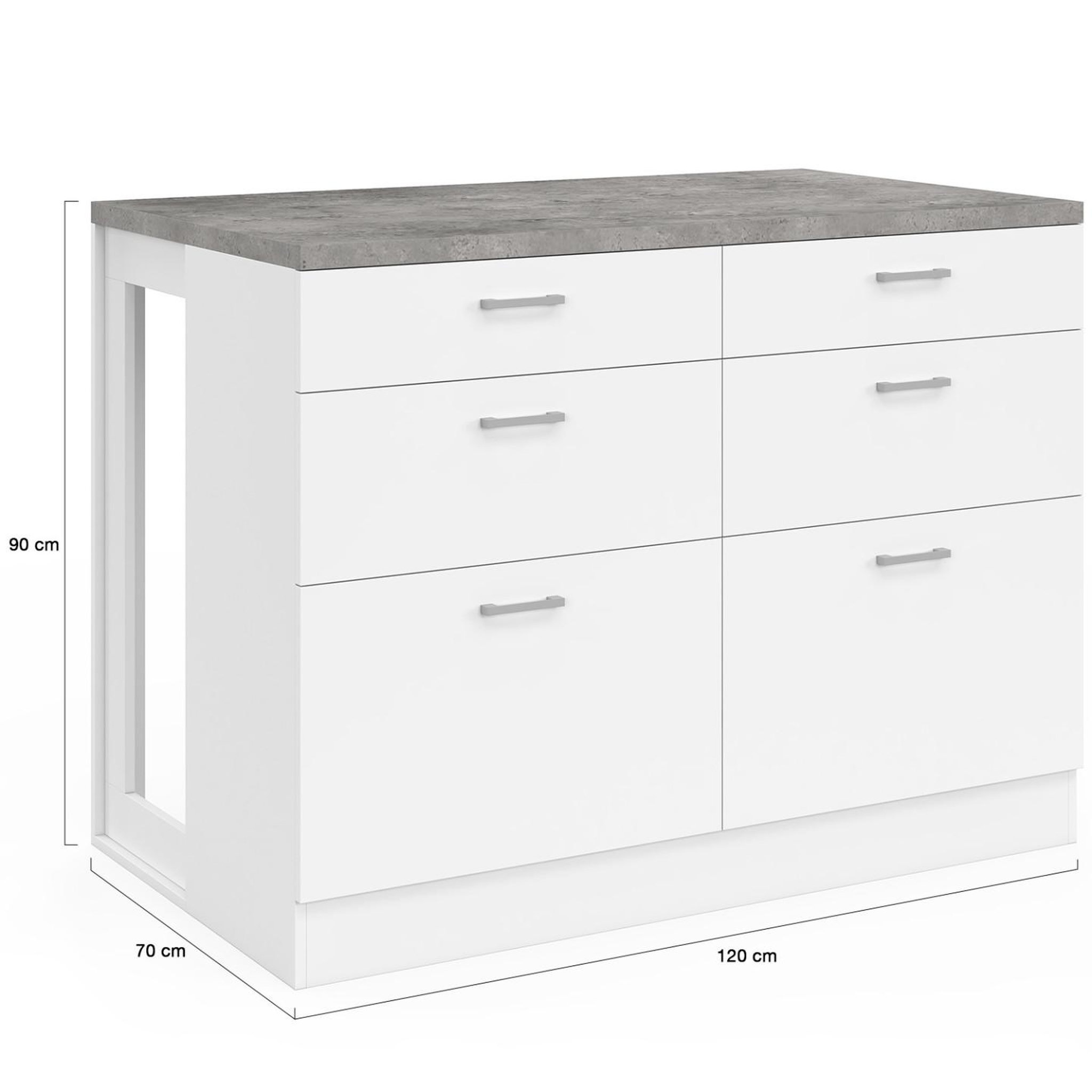 Voir la diapositive 5 : ID MARKET Ilot central mange-debout orso 120 cm casserolier 6 tiroirs blanc avec plan de travail effet béton