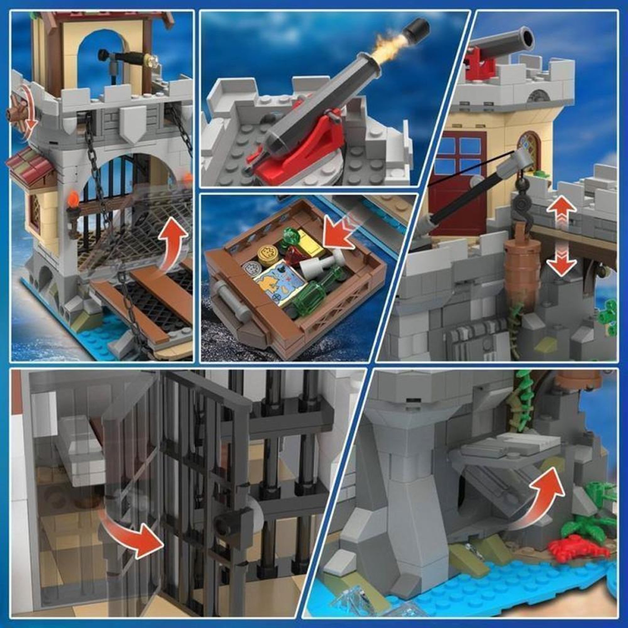 Voir la diapositive 4 : Jeu de construction pirate Château avec LEDs 1502 pièces, navire, tour de guet, pont-levis et grue rotative, 3 configurations