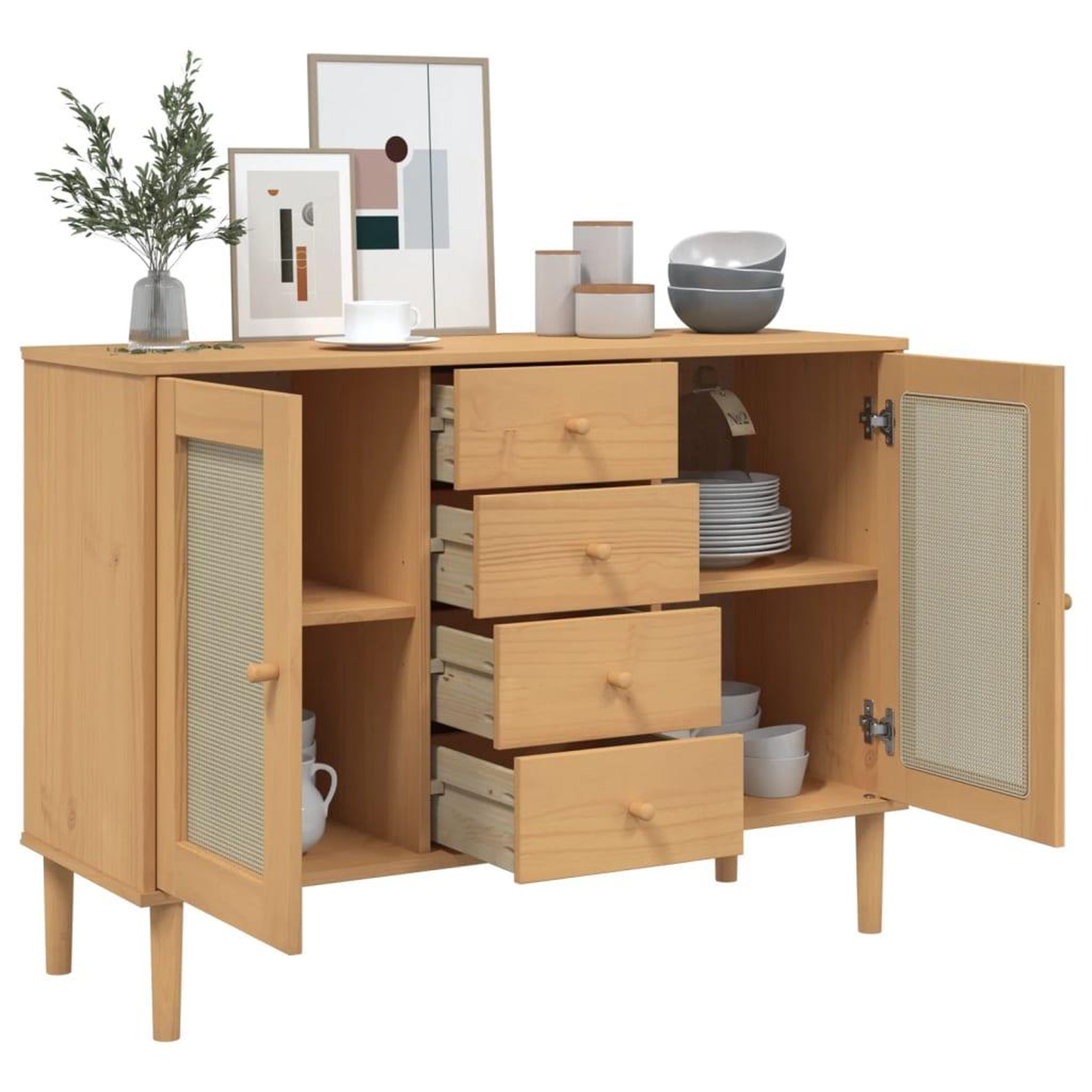 Voir la diapositive 4 : VIDAXL Buffet SENJA aspect rotin marron 112x40x80cm bois massif de pin