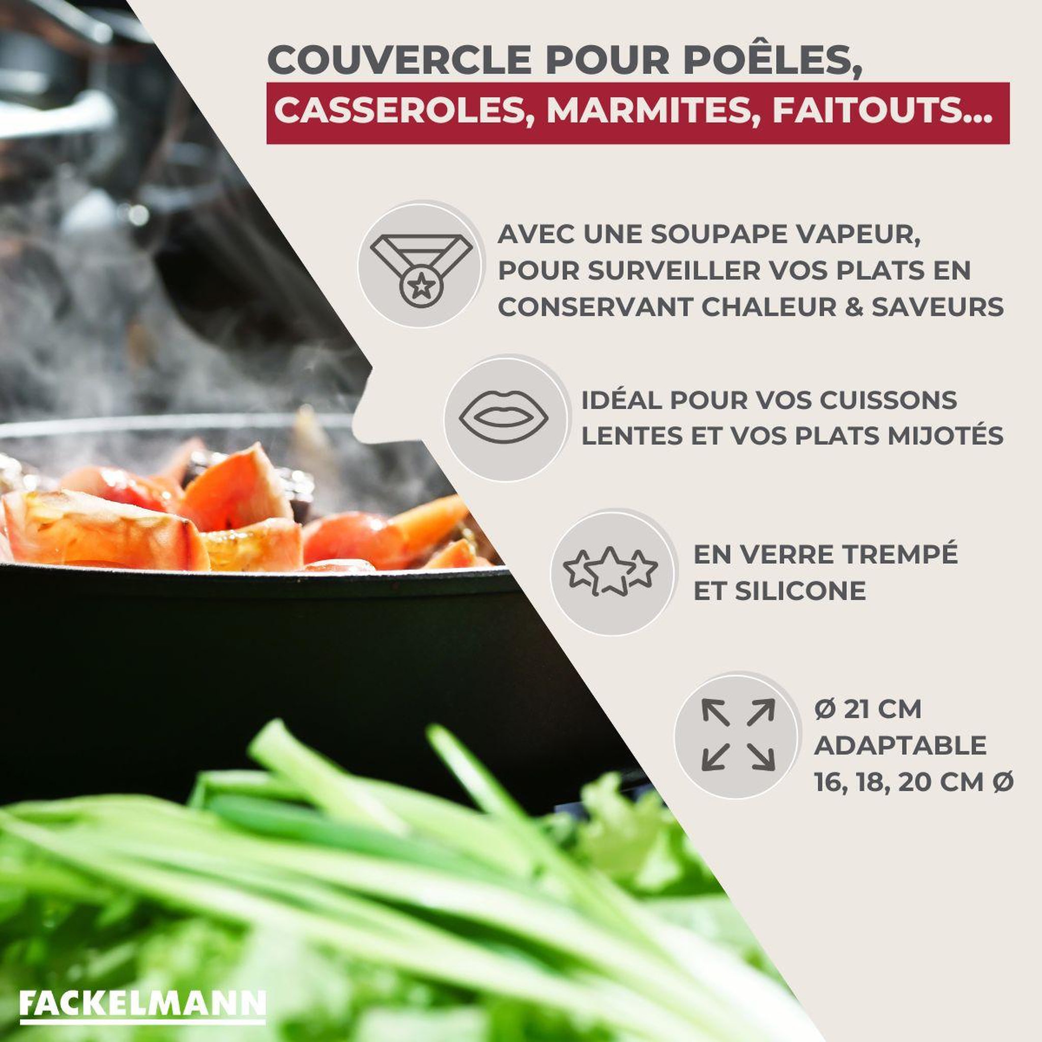 Voir la diapositive 3 : Fackelmann Set de 2 couvercles de cuisson 16/20 cm et 24/28 cm en verre et silicone Fackelmann Divers