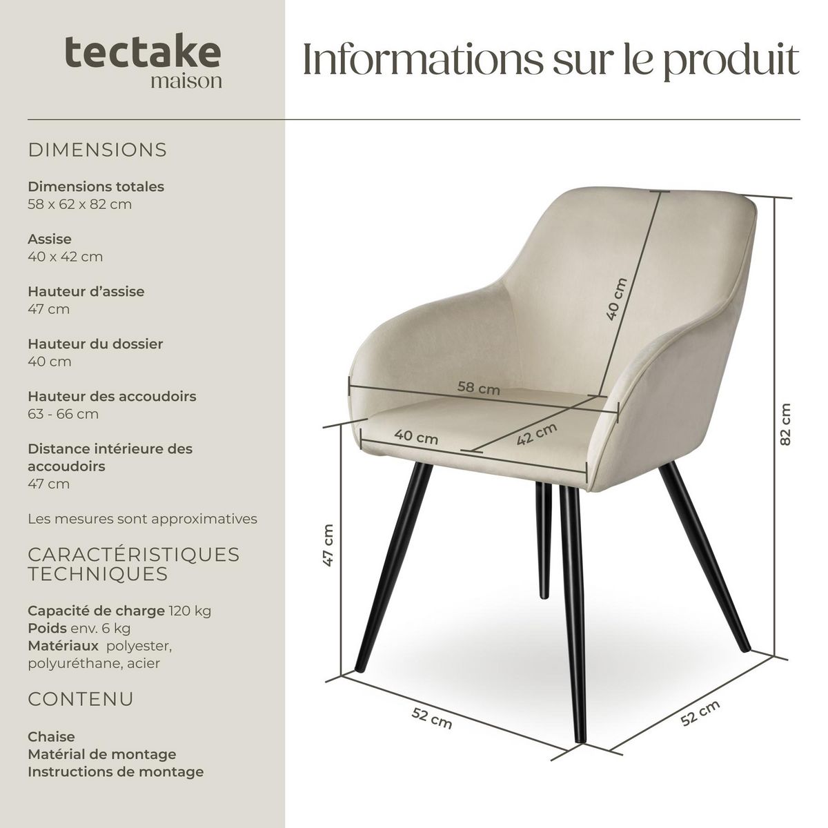 tectake Chaise style scandinave rembourrée aspect velours crème/noir