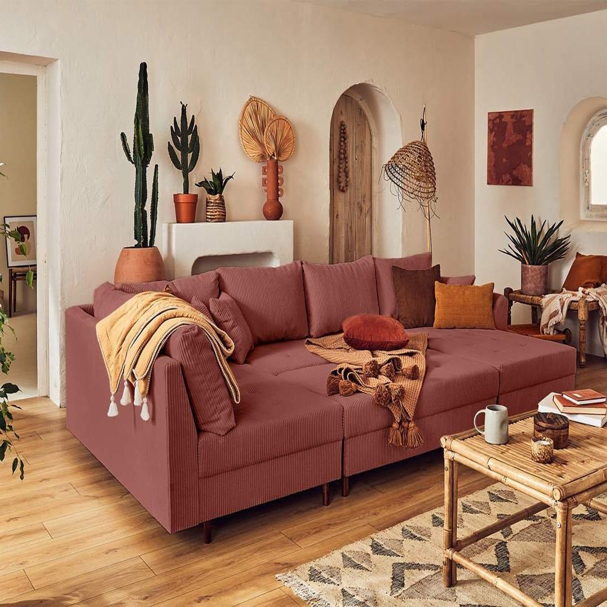 Voir la diapositive 3 : BEST MOBILIER Rune - canapé panoramique d'angle gauche - 7 places - avec pouf d'appoint - en velours côtelé