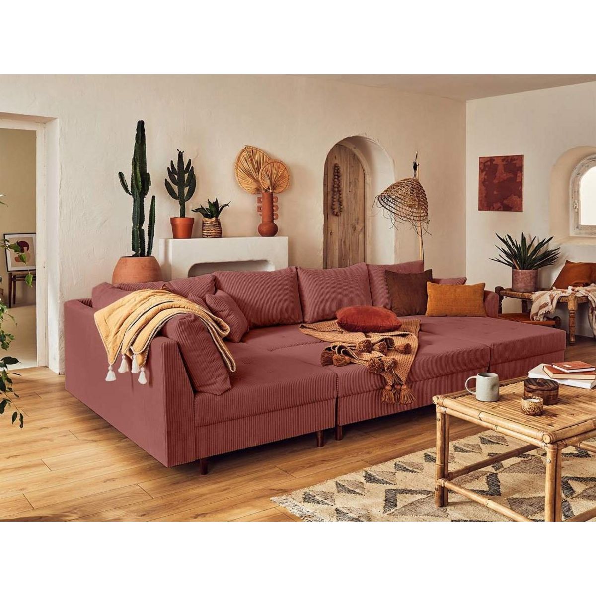 LISA DESIGN Rune - canapé panoramique d'angle gauche - 7 places - avec pouf d'appoint - en velours côtelé