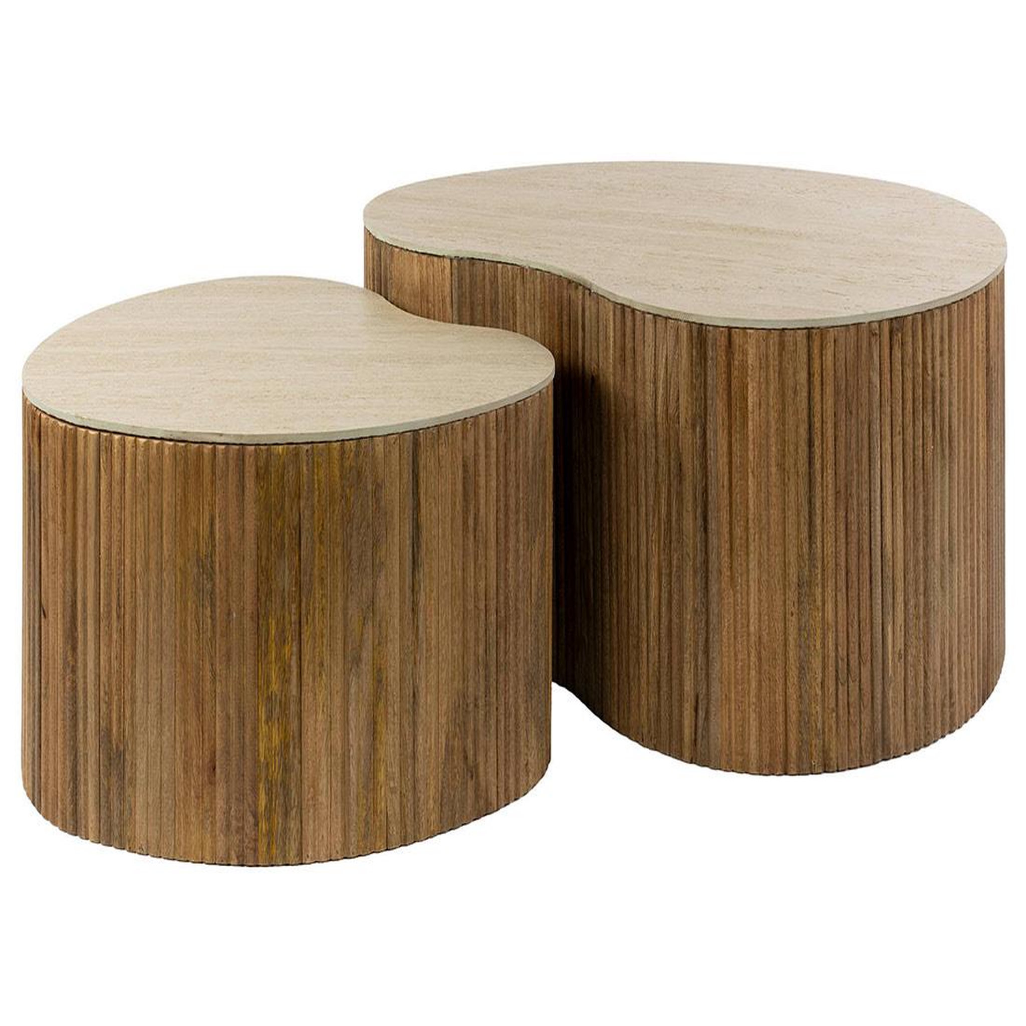 Voir la diapositive 2 : BEST MOBILIER Jade - lot de 2 tables basses gigognes effet travertin - pieds en bois massif de manguier - 93 et 76 cm