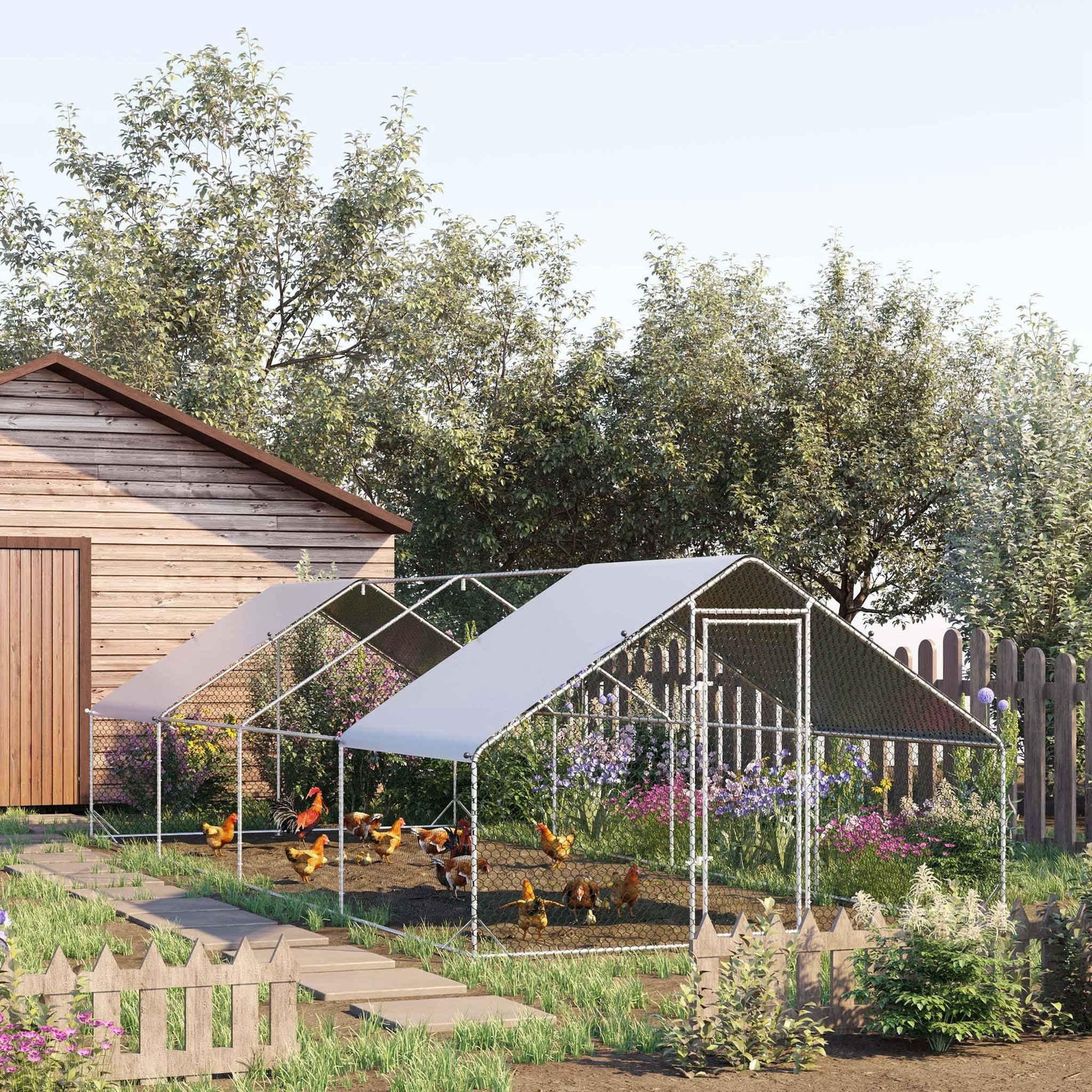 Voir la diapositive 2 : PAWHUT Enclos poulailler chenil 24 m² - parc grillagé dim. 8L x 3l x 2H m - double espace couvert - acier galvanisé