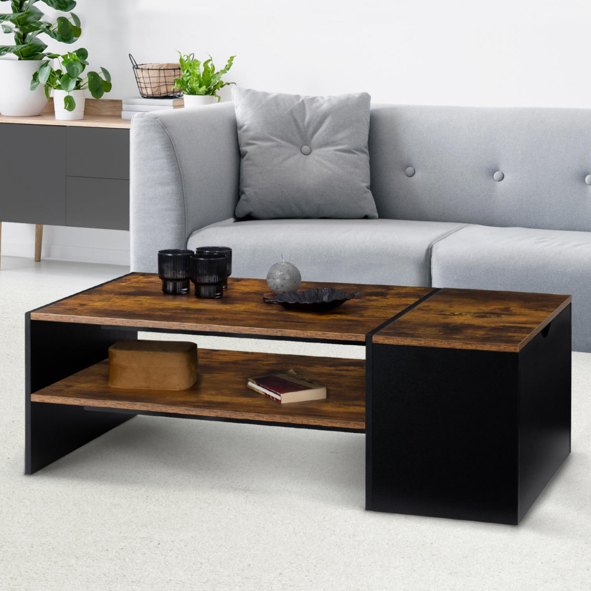 ID MARKET Table basse bar contemporaine rectangulaire IZIA avec coffre bois effet vieilli et noir