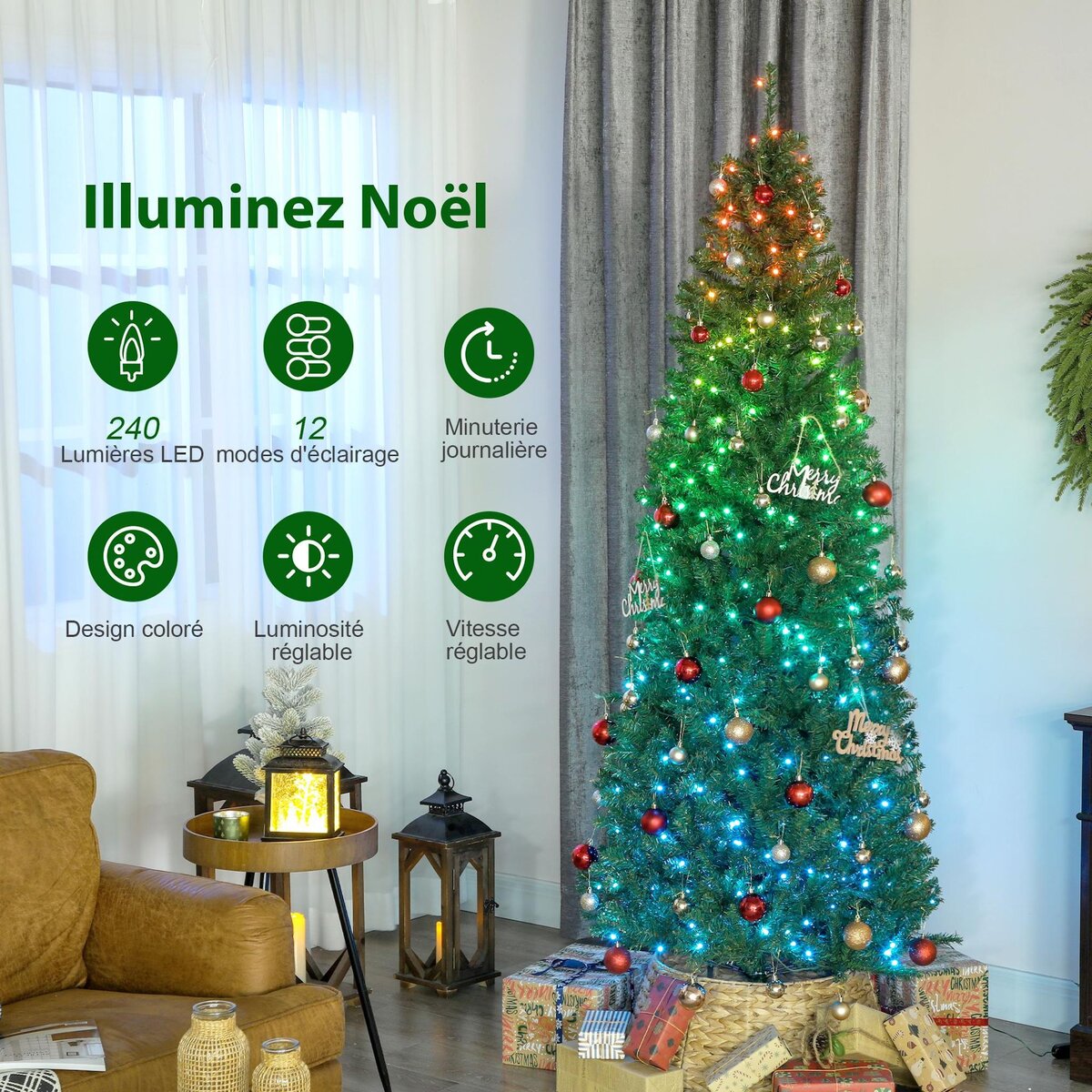 HOMCOM Sapin de Noël artificiel LED H.180 cm 899 branches télécommande 12 modes timer vert