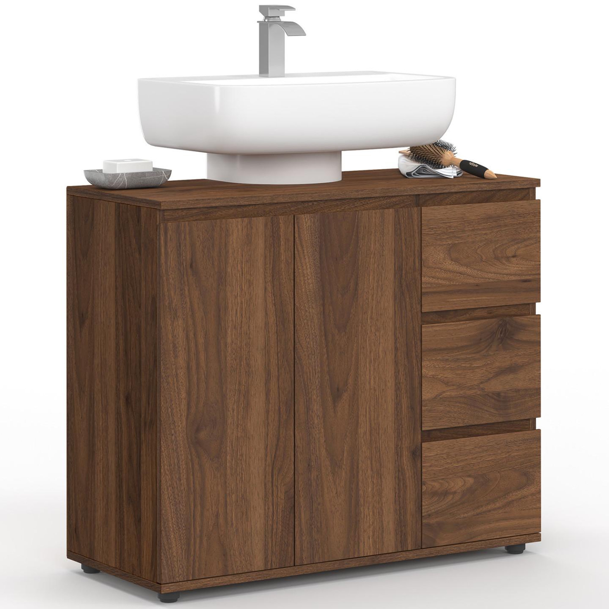 ID MARKET Meuble sous lavabo salle de bain tomi avec placard et 3 tiroirs effet noyer