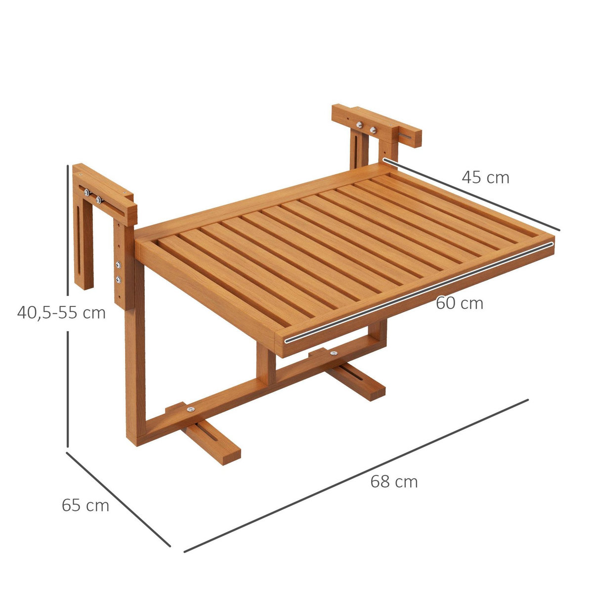 OUTSUNNY Table de balcon suspendue hauteur réglable dim. 68L x 65l x 40.5 -55H cm bois de sapin verni coloris teck
