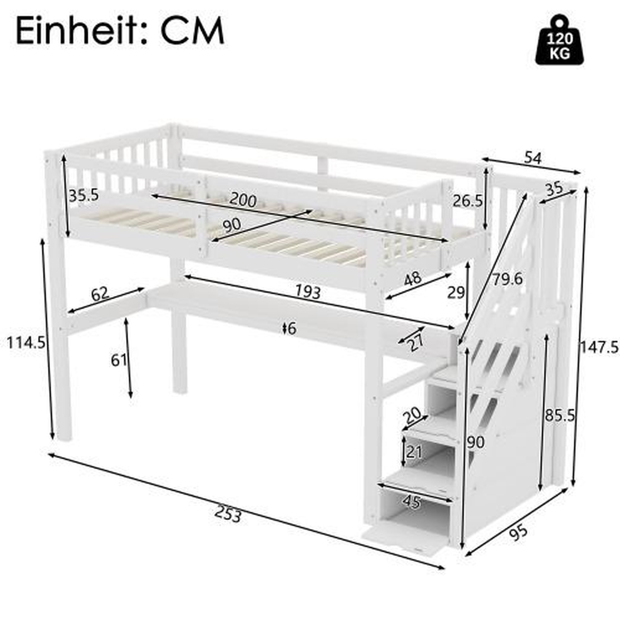 Voir la diapositive 3 : MERAX Lit combiné enfant 90x200 cm coloris blanc pin