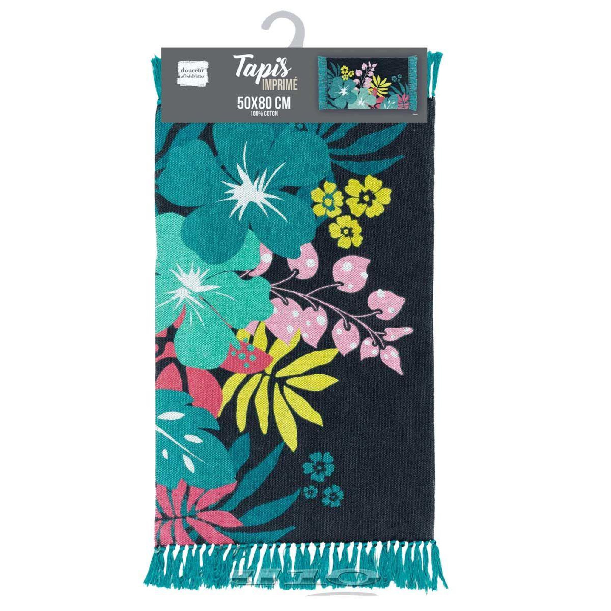 Voir la diapositive 3 : Douceur d'Intérieur Tapis imprimé à franges  hawaï  50x80cm bleu