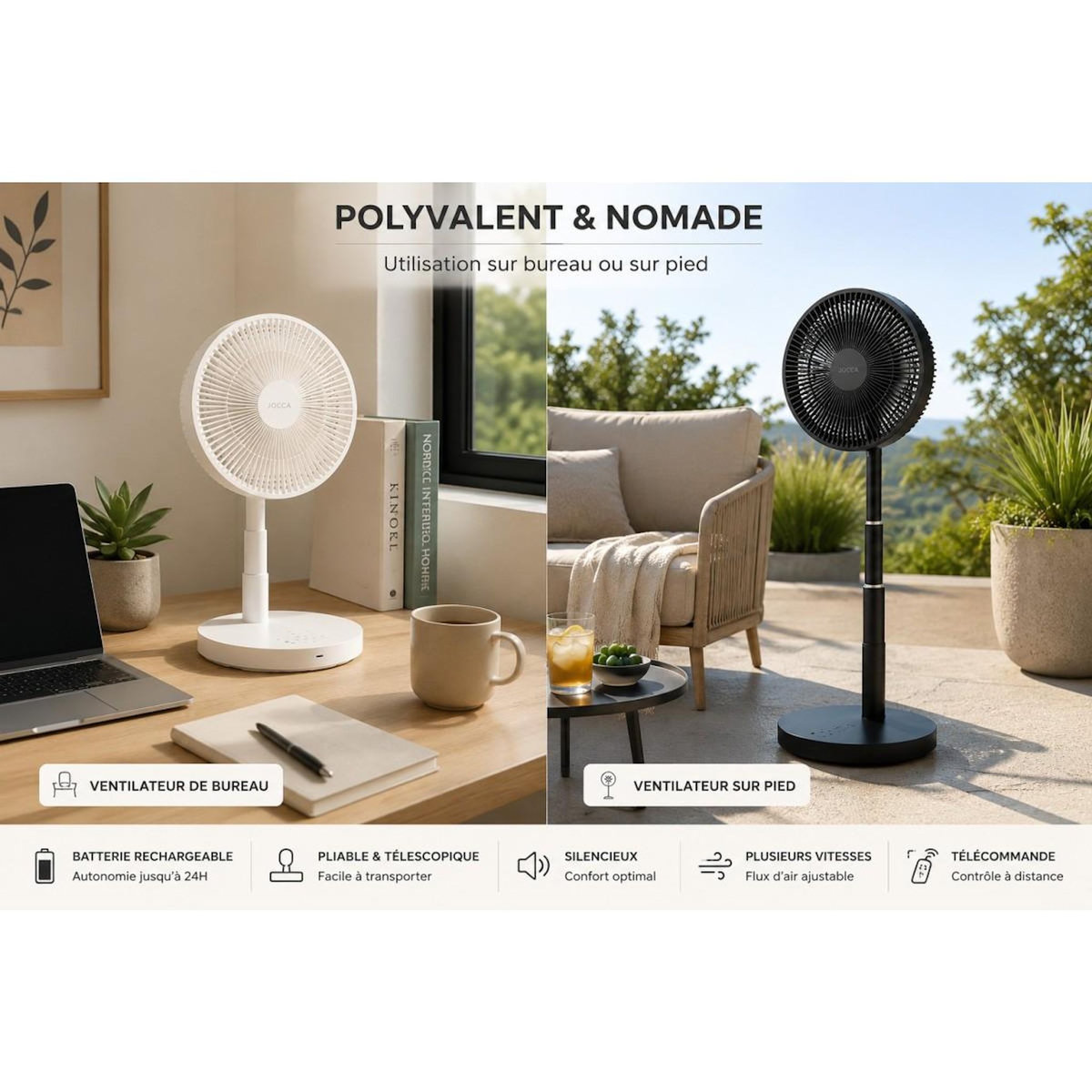 Jocca Ventilateur à Batterie Sans fil Silencieux USB NOIR  Pied Pliable & Télescopique Télécommande Autonomie 24h Jocca