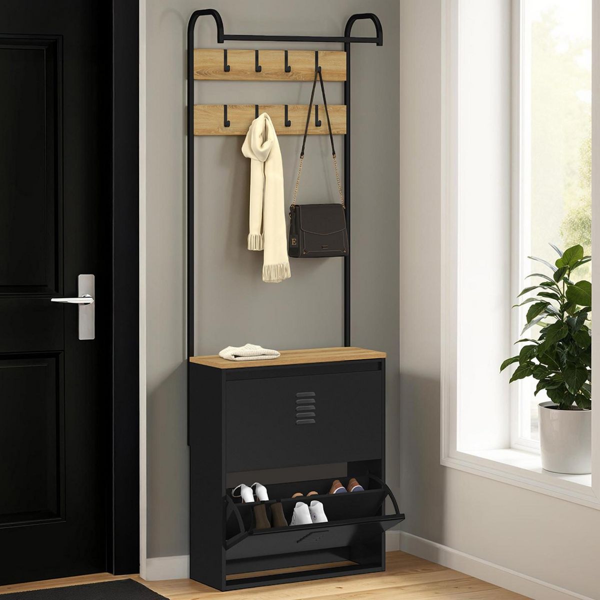 ID MARKET Vestiaire d'entrée ESTER meuble chaussures 2 portes en métal noir