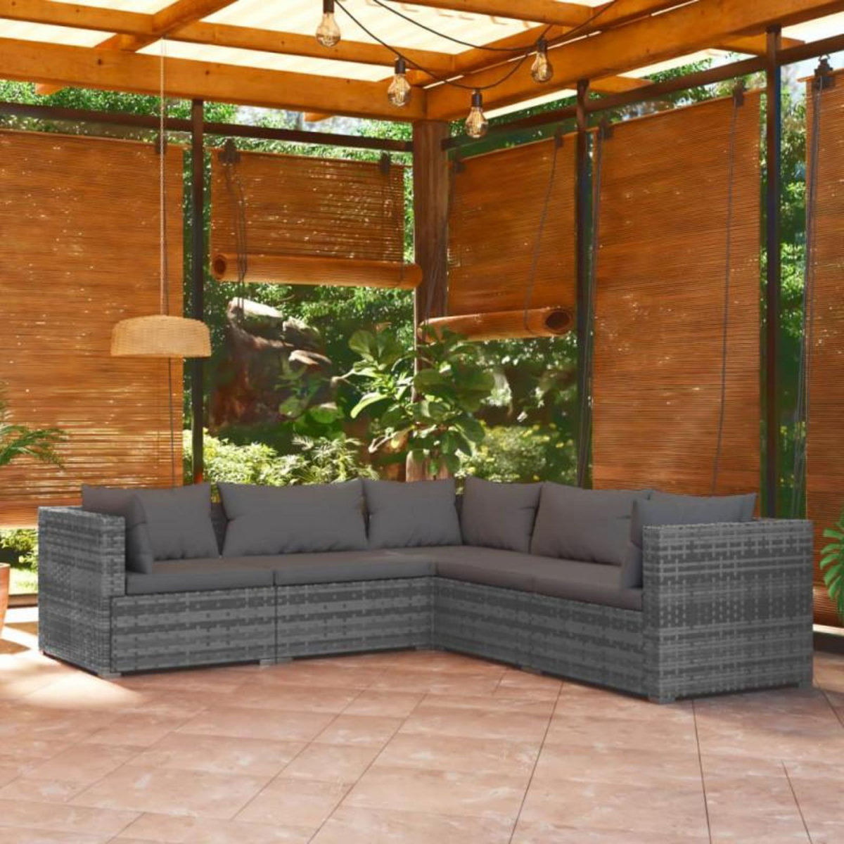 VIDAXL Salon de jardin 5 pcs avec coussins Résine tressée Gris