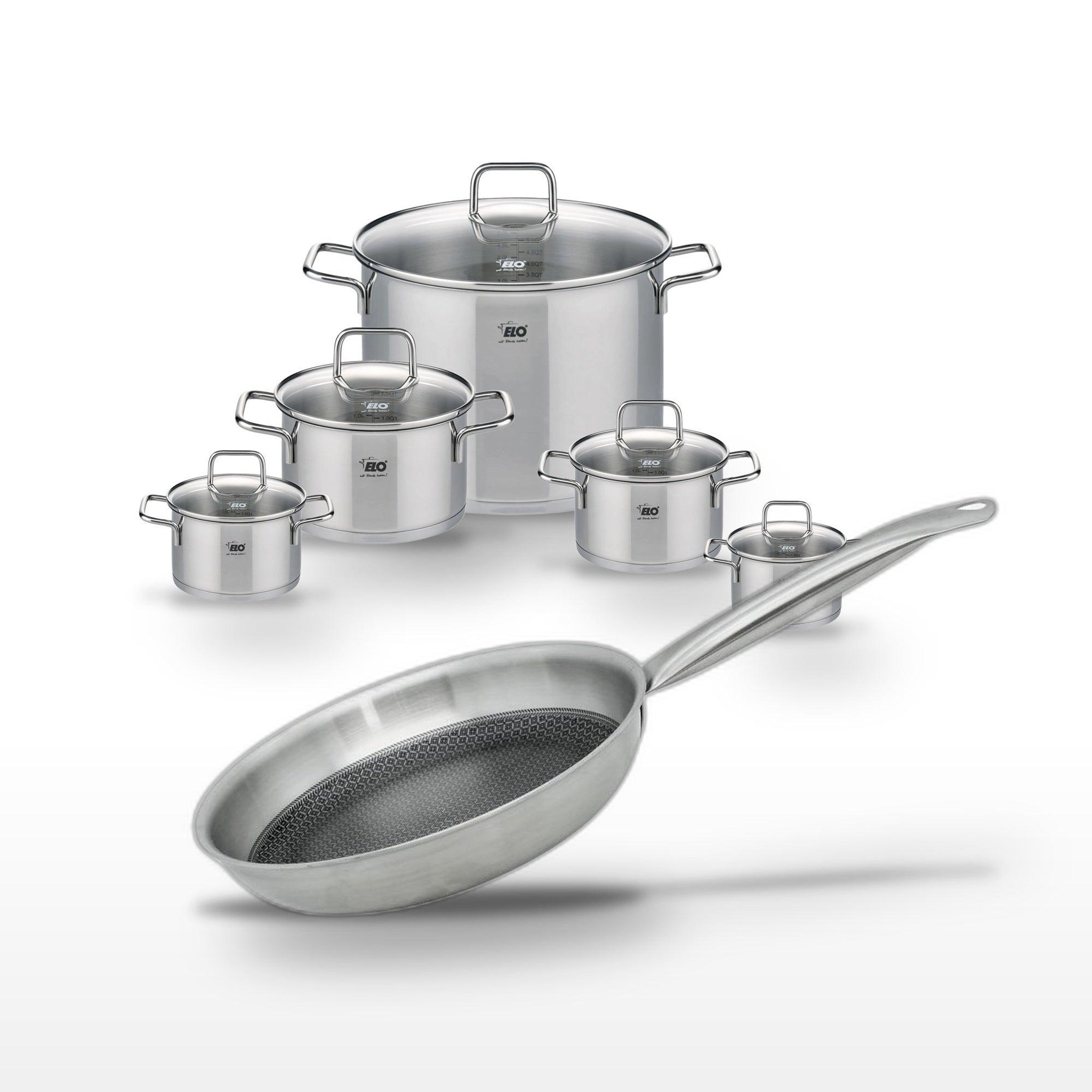 ELO Batterie de cuisine inox 2 faitouts 12/14 cm 1 faitout 16 cm 2 faitouts 20/26 cm poêle 24 cm elo collection relief solution citrin