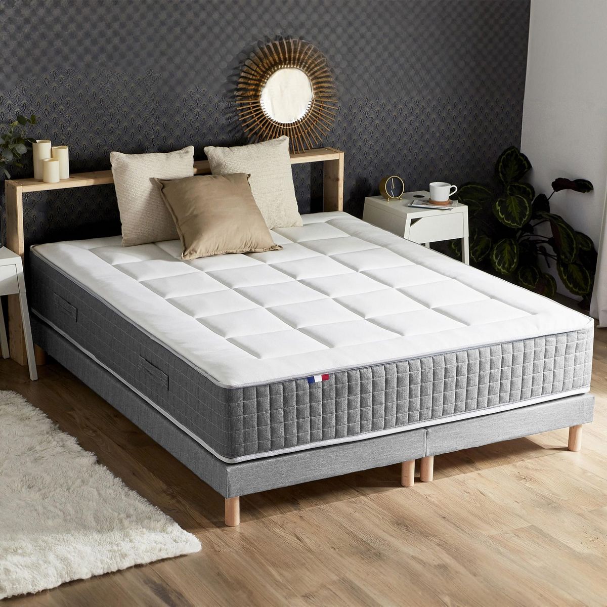 IDLITERIE Ensemble Matelas Ressort 7 zones H.28cm + Sommier + couette + oreillers Fabriqué en France MAX