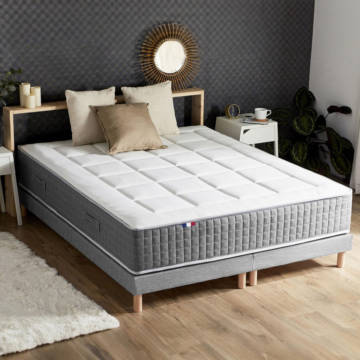 IDLITERIE Ensemble Matelas Ressort 7 zones H.28cm + Sommier + couette + oreillers Fabriqué en France MAX
