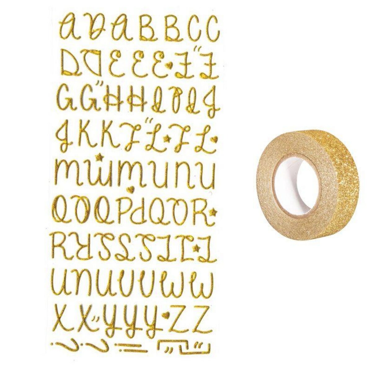 Youdoit Stickers alphabet doré à paillettes + masking tape doré à paillettes 5 m