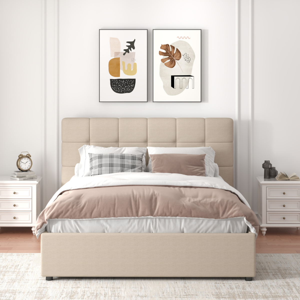 CONCEPT USINE Lit avec coffre de rangement 140x190cm velours beige SANTA