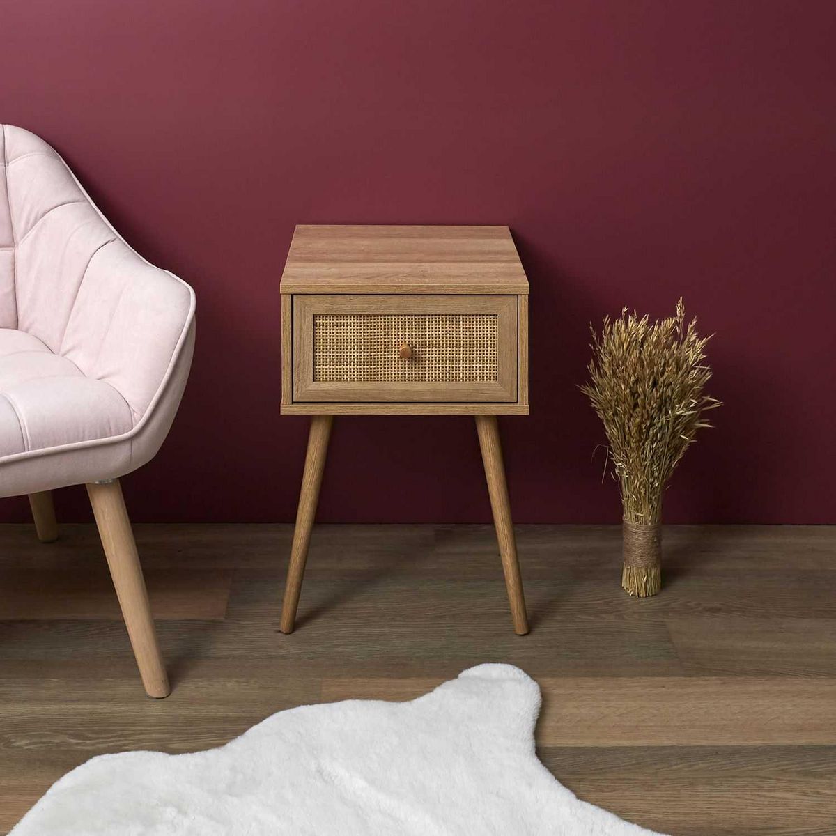 TOILINUX Table de chevet Bali avec 1 tiroir en rotin et panneaux de particules - Beige