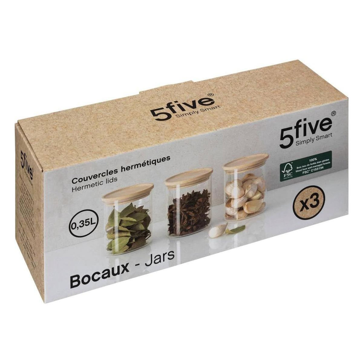 FIVE Lot de 3 Bocaux en Verre  Hermet  350ml Transparent & Naturel