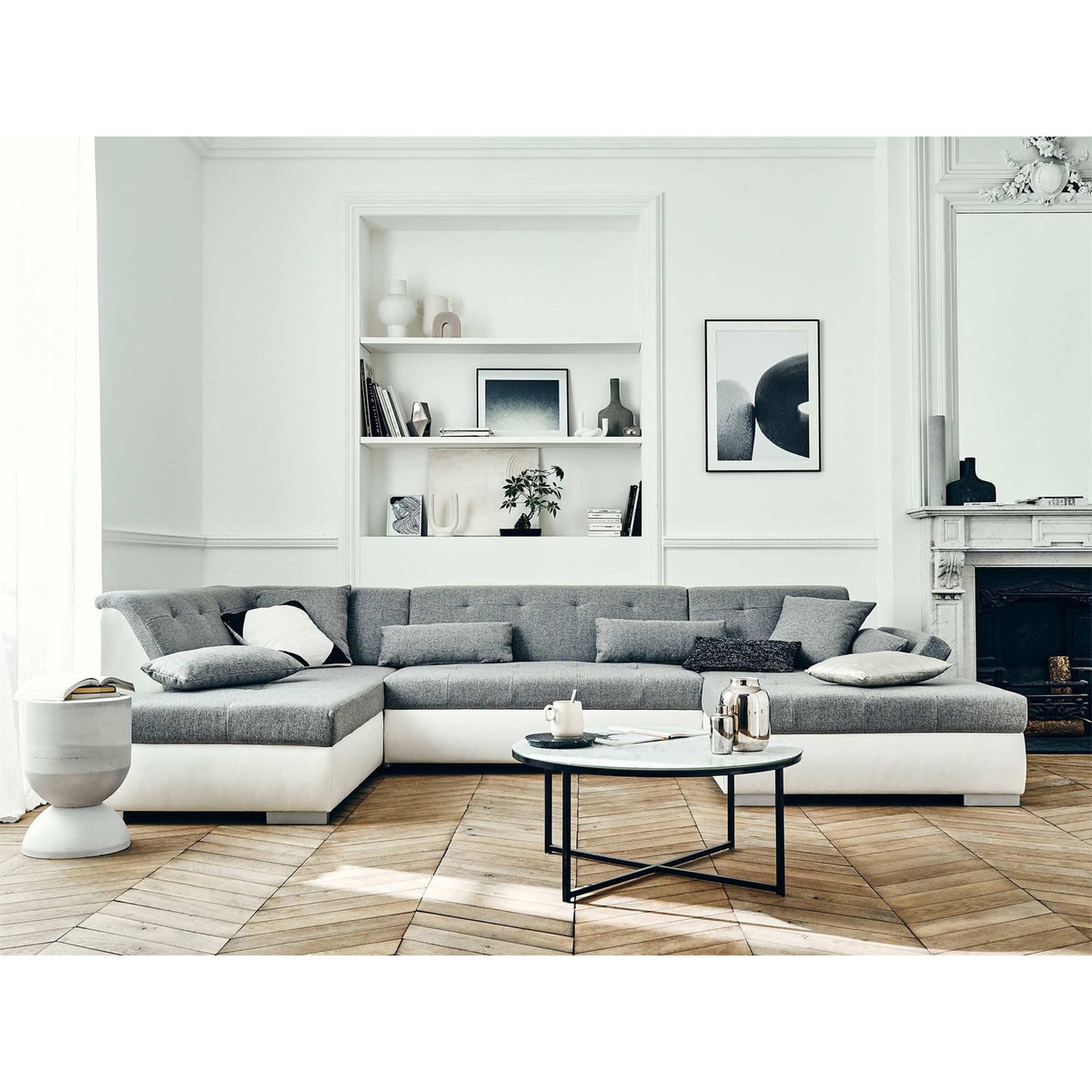 LISA DESIGN Vermont - canapé panoramique d'angle gauche - 7 places - convertible - en simili et tissu