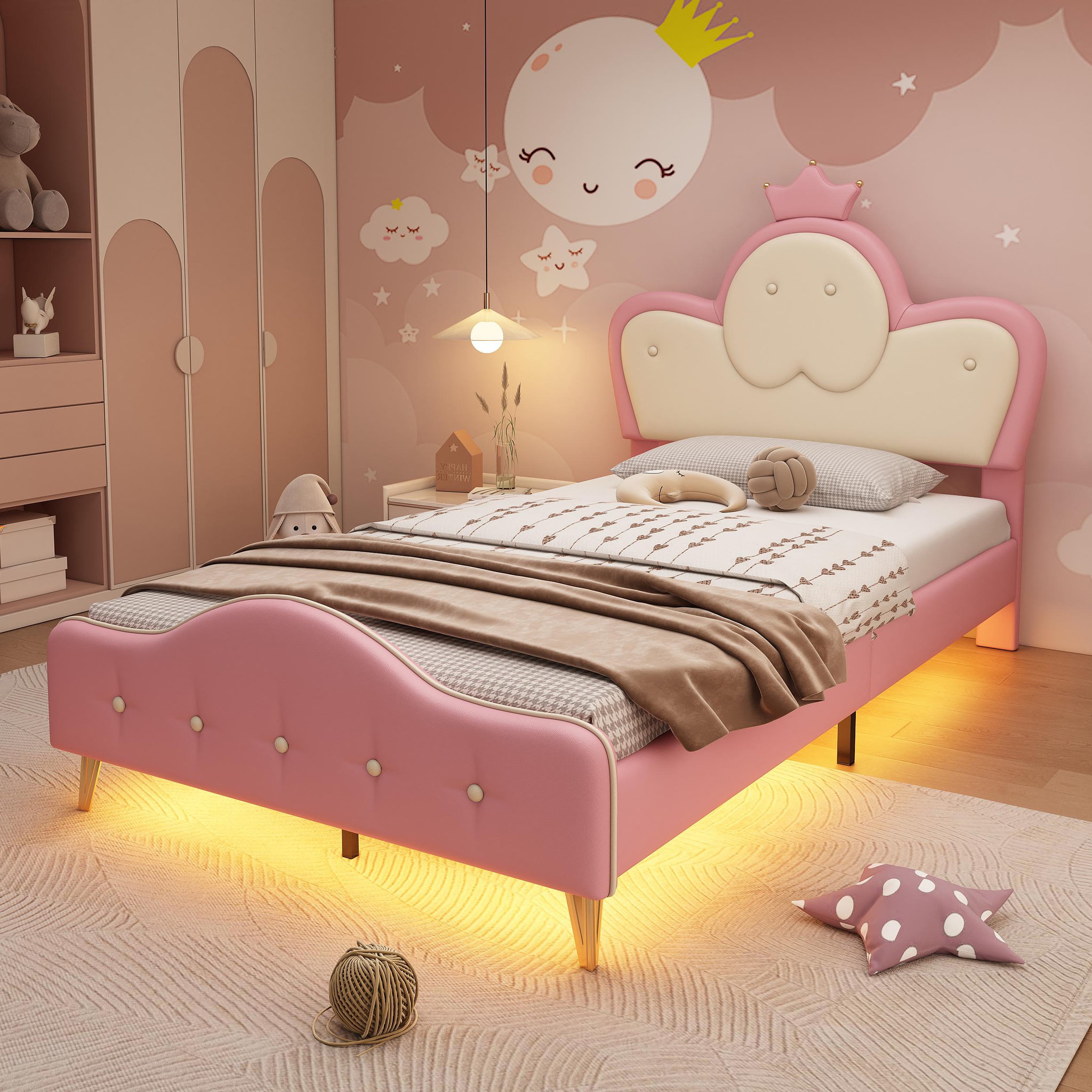 Voir la diapositive 2 : MERAX Lit simple enfant rembourré 90x200cm pu coloris rose led