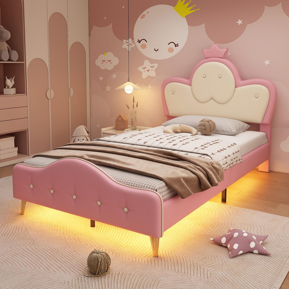 MERAX Lit simple enfant rembourré 90x200cm pu coloris rose led