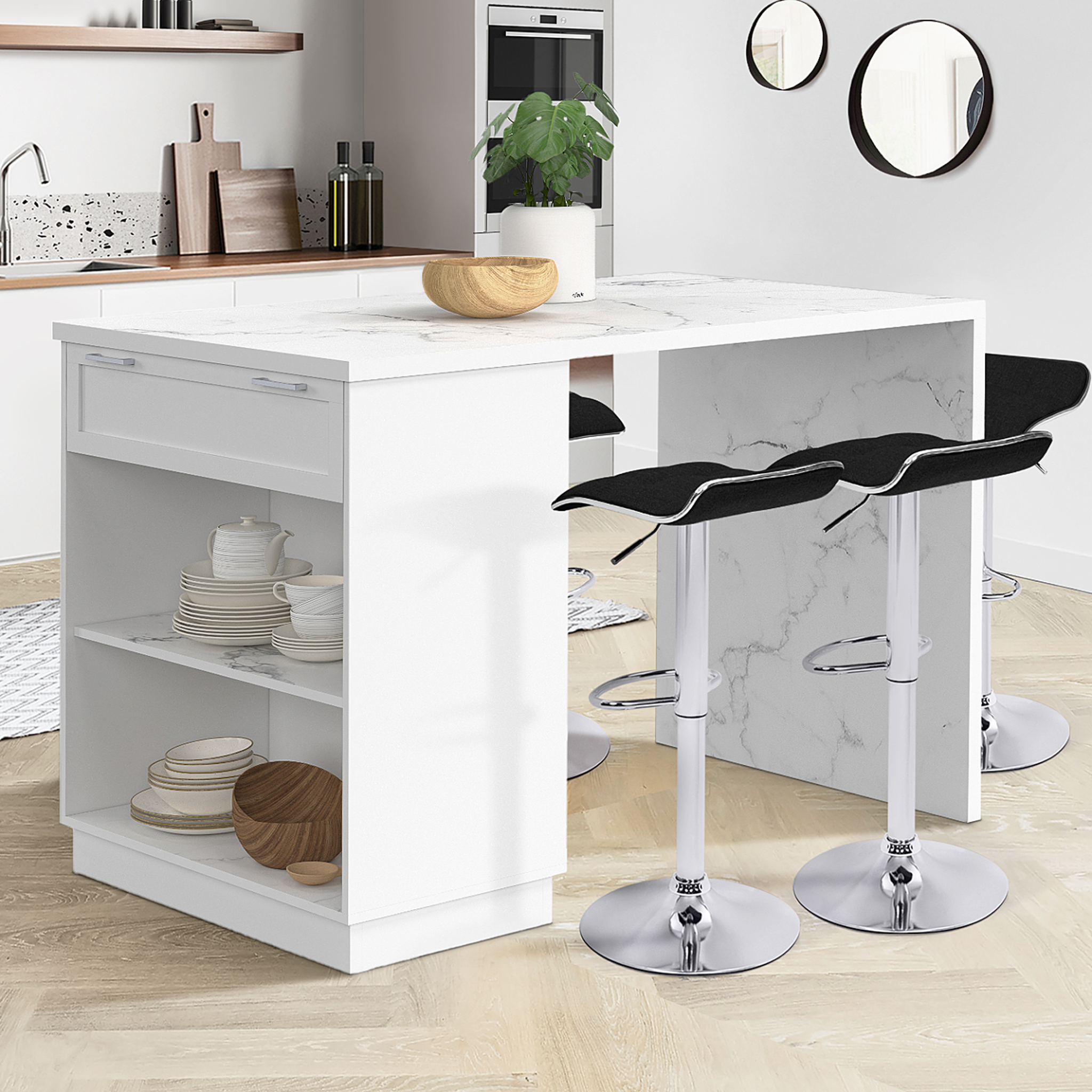 Voir la diapositive 2 : ID MARKET Ilot central mange-debout 4 personnes vito 130 cm blanc et plateau marbre alaska