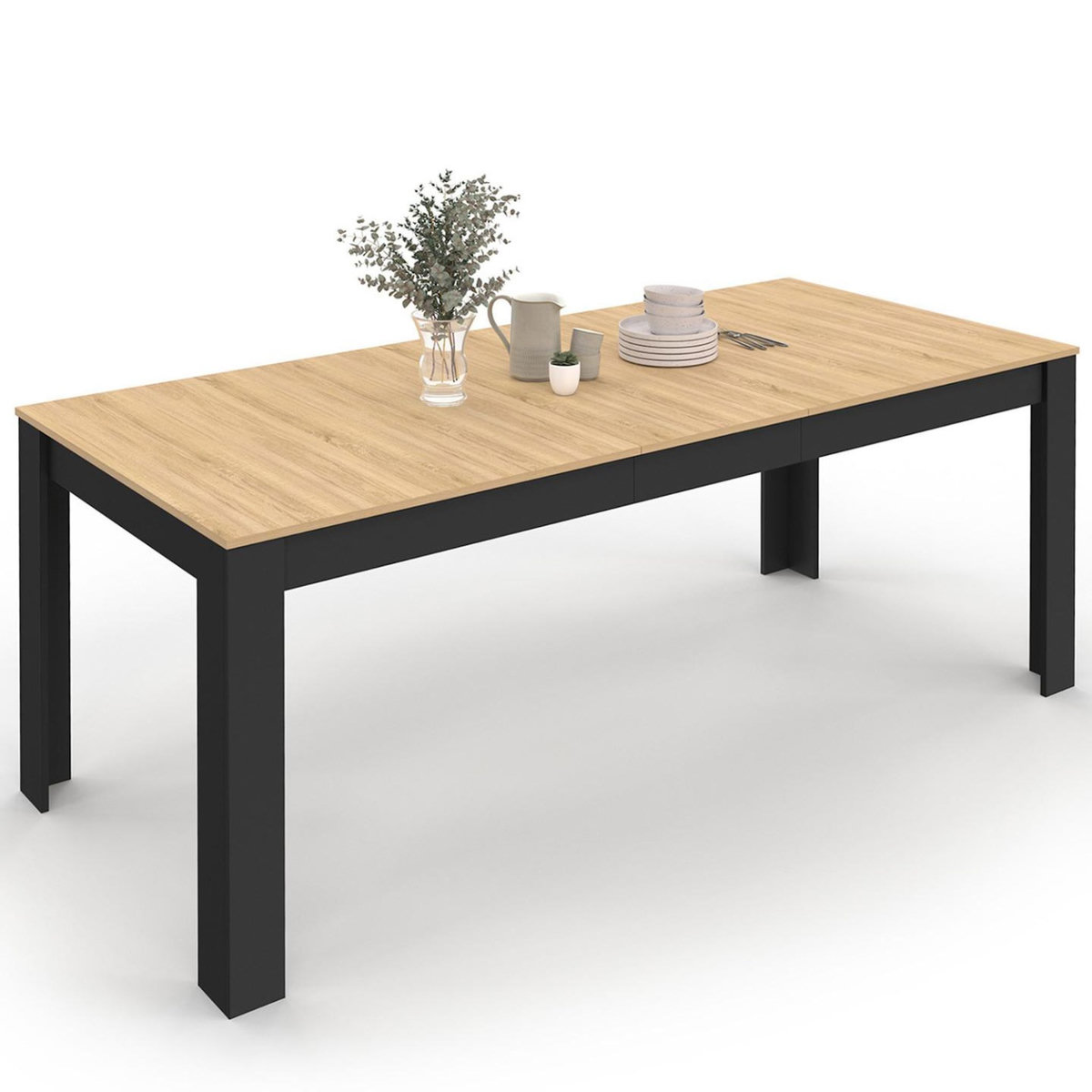 ID MARKET Table à manger rectangle ROZY 4-8 personnes noire plateau façon hêtre 160 - 200 cm