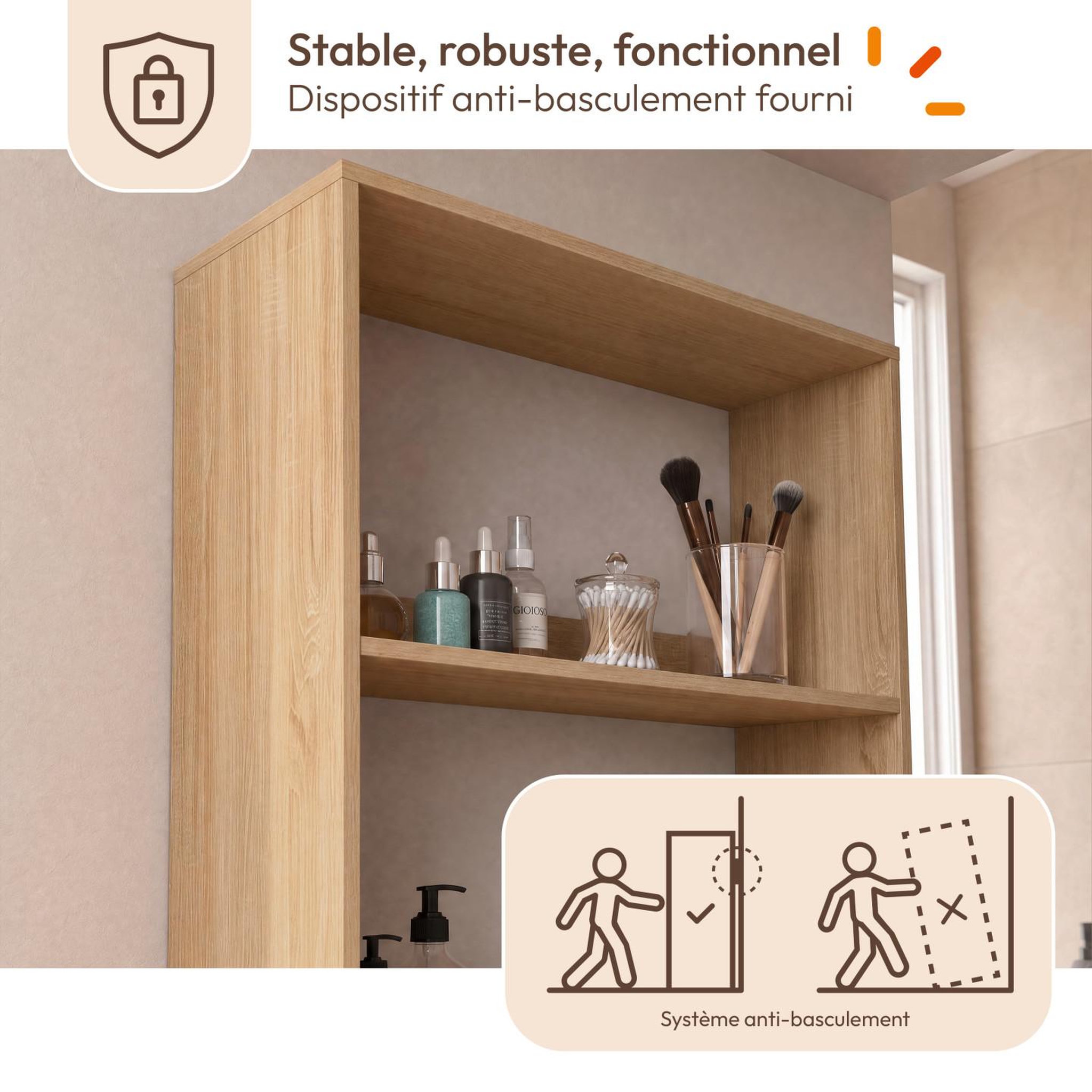 Voir la diapositive 6 : ID MARKET Meuble armoire salle de bain TOMI 2 portes et 1 tiroir avec étagères façon hêtre et blanc