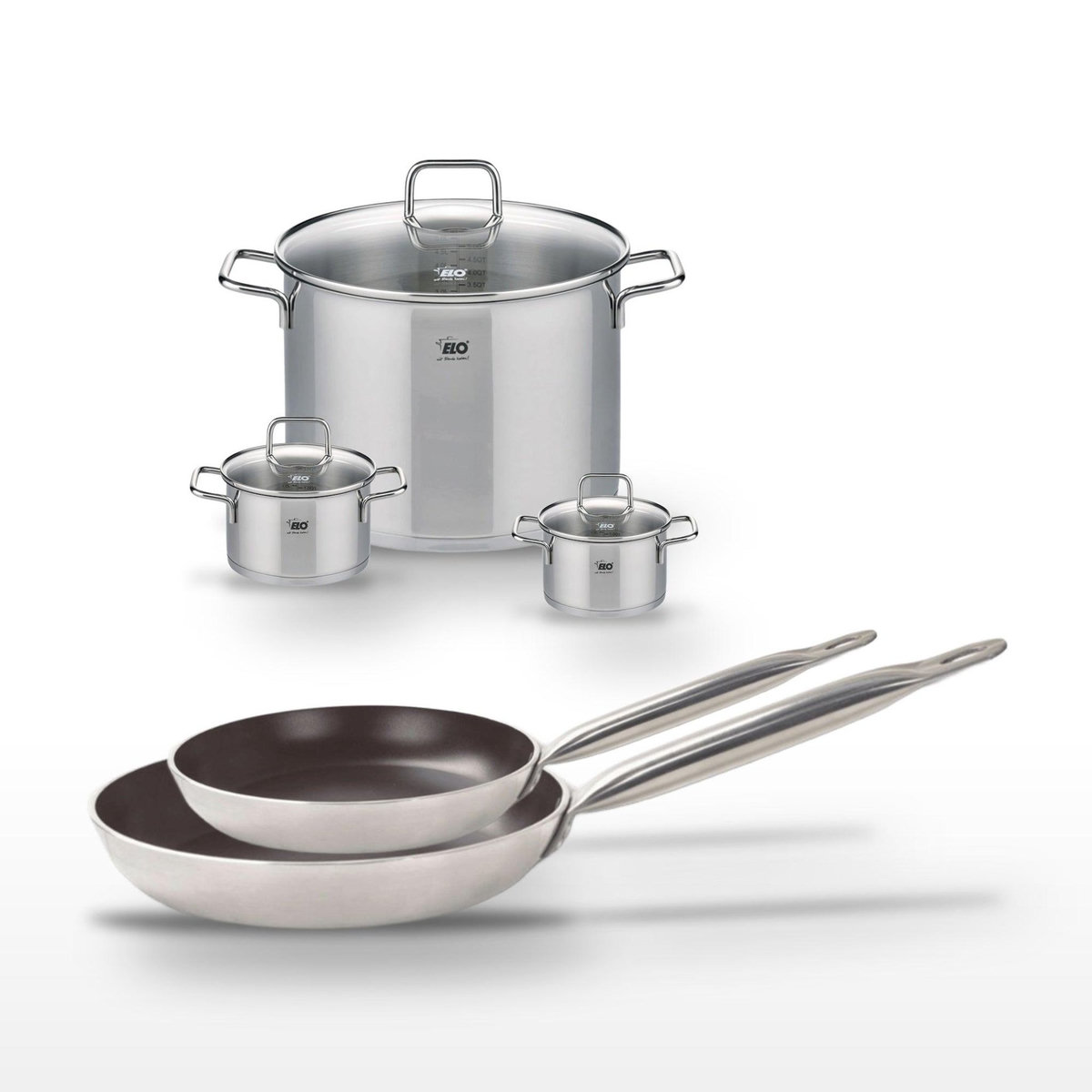 ELO Lot de 2 Poêles 24/28 cm avec revêtement céramique sans PFAS & 3 Faitouts 12/14/26 cm Elo Bistro Line Citrin