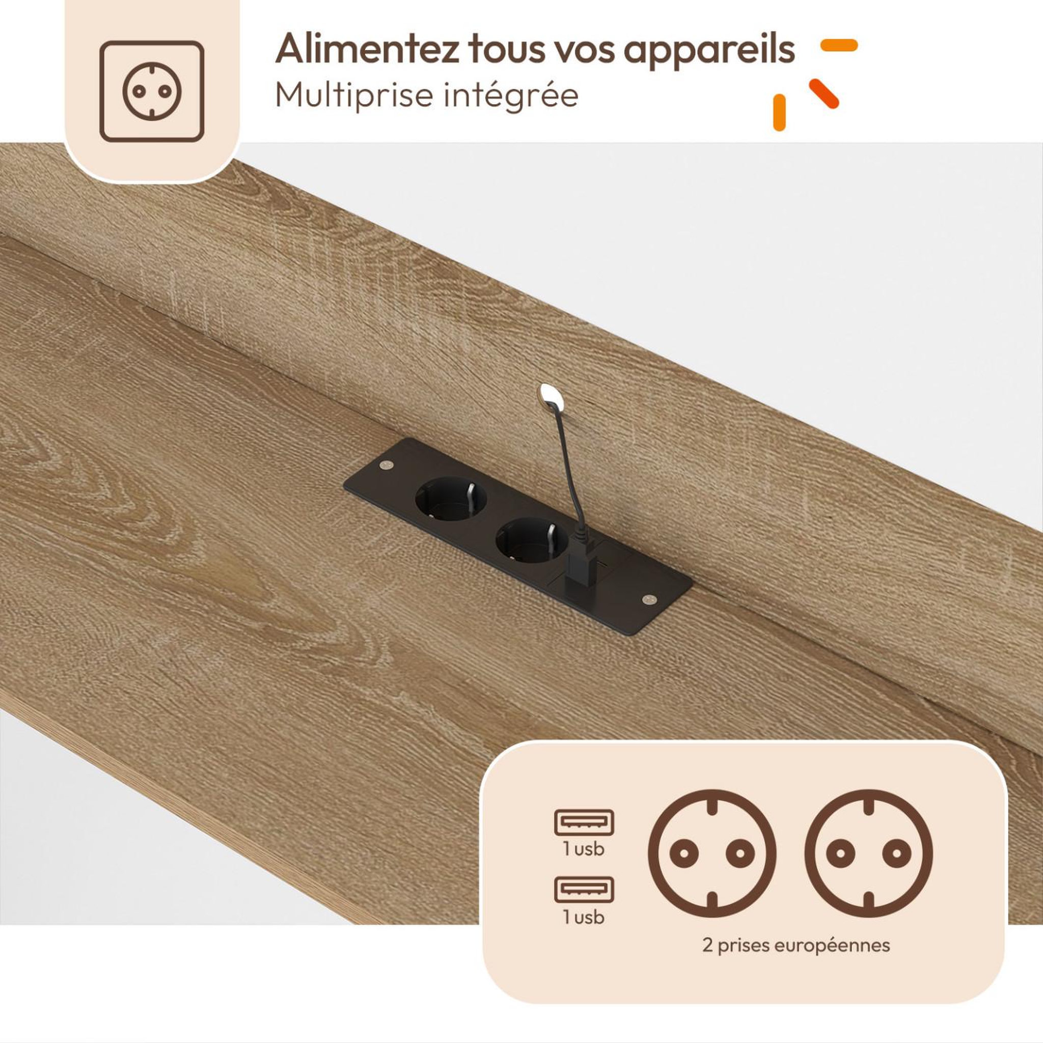 Voir la diapositive 6 : ID MARKET Pont de lit BRIDGET XXL 265 cm avec rangements, penderie, multiprises et LED bois et blanc