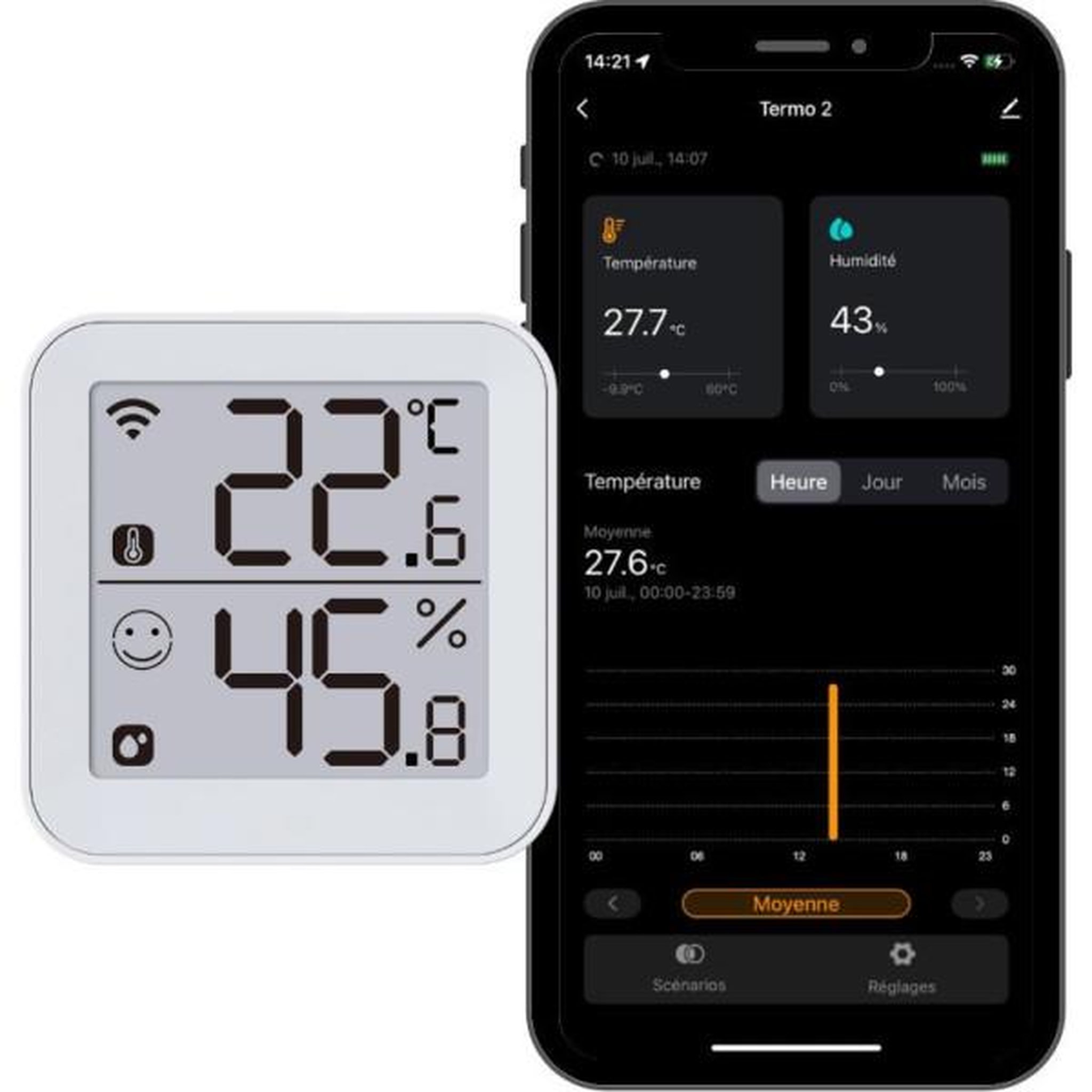 Voir la diapositive 2 : KONYKS Thermometre et hygrometre - konyks - termo 2 - intérieur - détecteur de température + humidité - wifi - grand écran - blanc