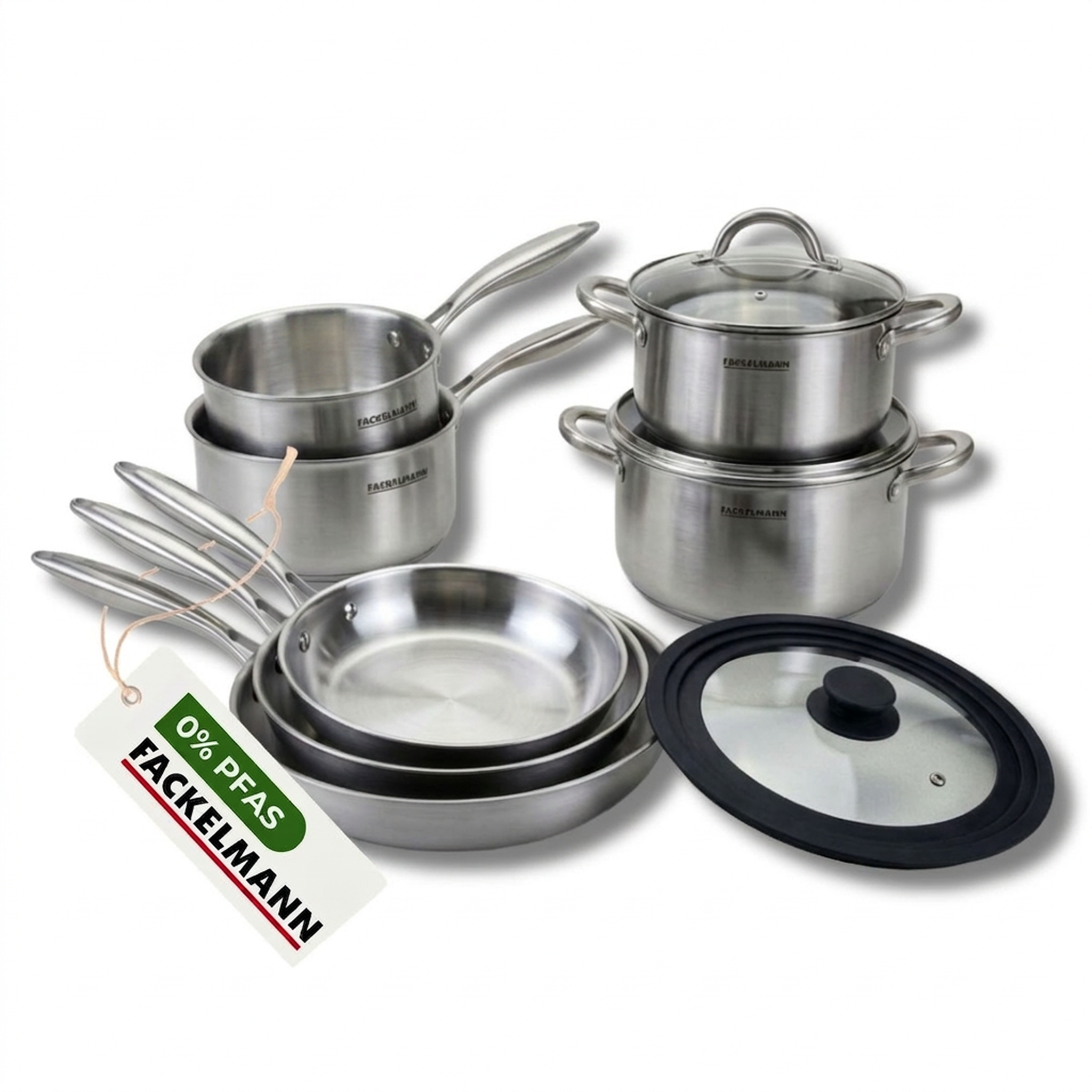 Fackelmann Batterie de cuisine avec 3 poêles 20/26/28 cm, 2 casseroles 14/18 cm et 2 faitouts avec 1 couvercle de cuisson universel fackelmann vita3