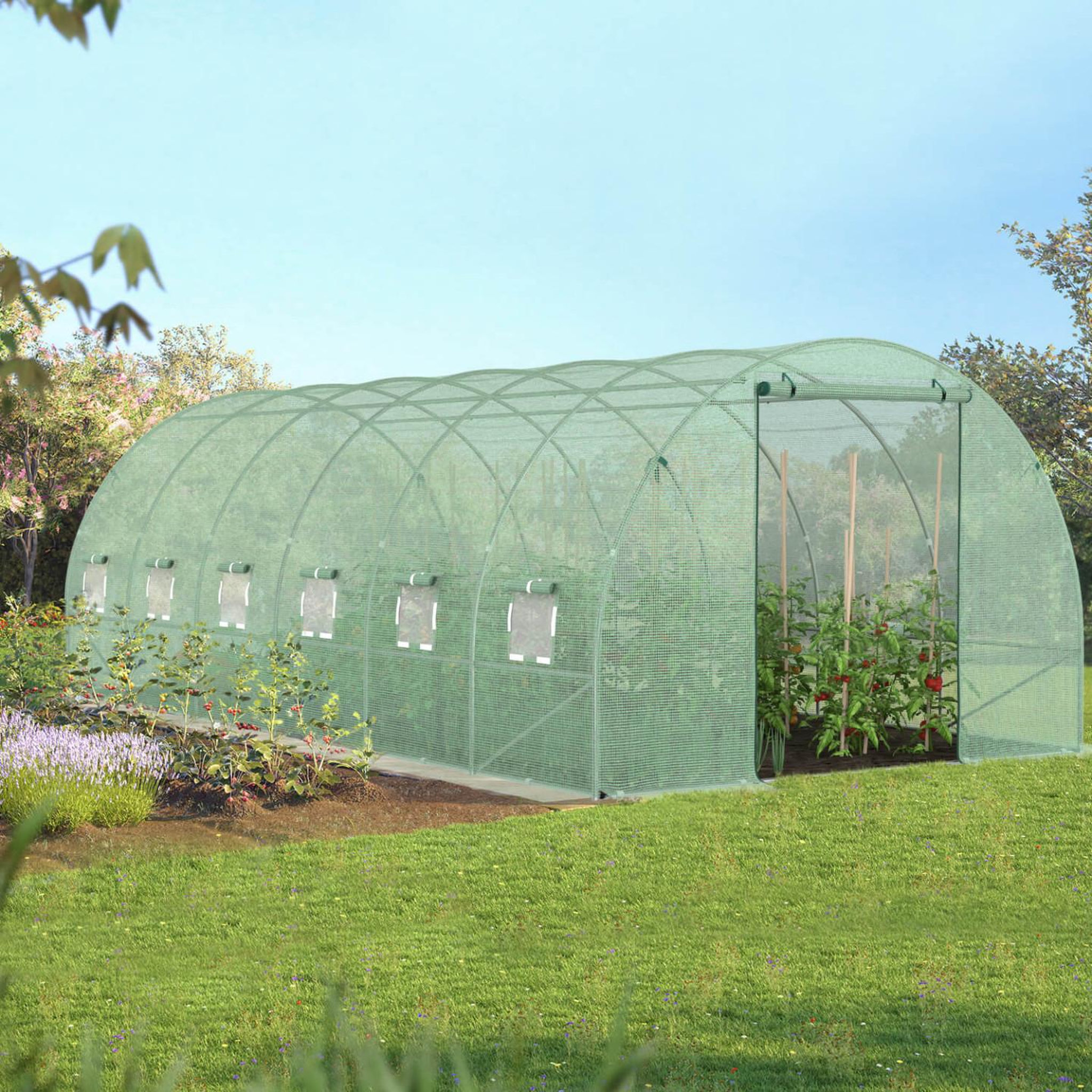 Voir la diapositive 2 : ID MARKET Bâche de rechange pour serre de jardin tunnel 18m² 6 x 3 x 2 m anti-uv avec porte et fenêtres crimée verte